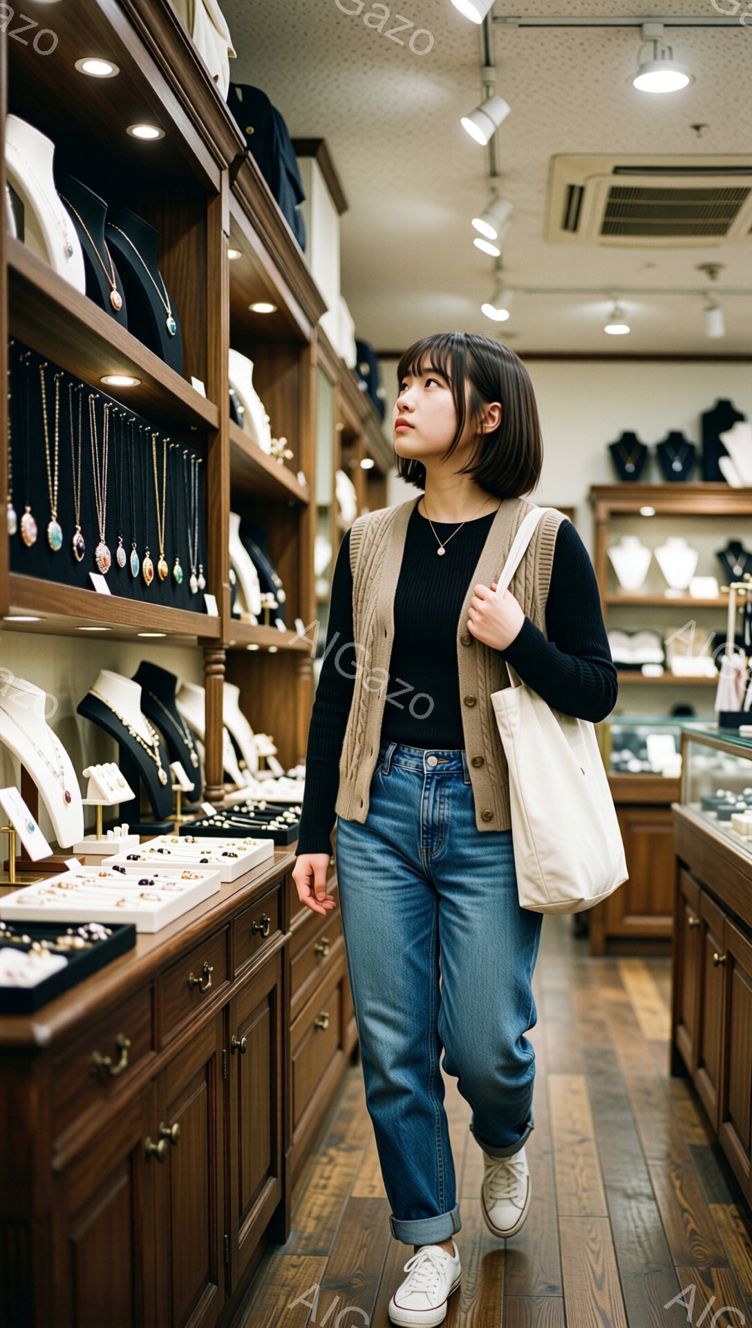 画像には、茶色のベストと黒いトップス、ゆったりとしたジーンズを着用した若い女性が写っています。彼女は肩にベージュ色のバッグをかけ、店舗内で何かを探しているように見え、少し上を見上げています。背景にはジュエリーが並んだショーケースが並び、落ち着いた雰囲気の店内であることがわかります。