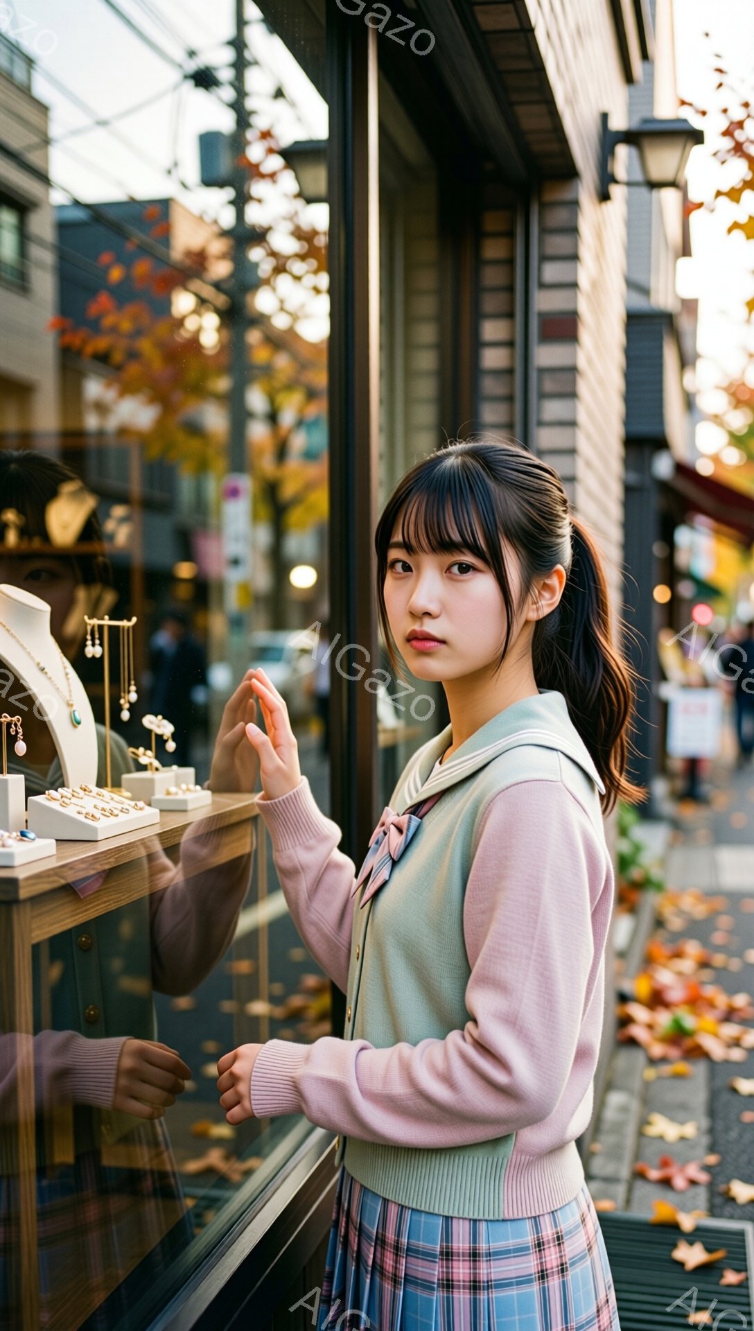 若い女性がショーウィンドウの前で立っており、淡いピンク色の長袖シャツに水色のチェック柄のスカート、そして薄い緑色のベストを着用しています。彼女は髪をポニーテールにし、少し微笑みながらショーウィンドウの中の商品を見つめています。背景には石畳の道と、紅葉した木々や落ち葉が見られ、秋の落ち着いた雰囲気を醸し出しています。