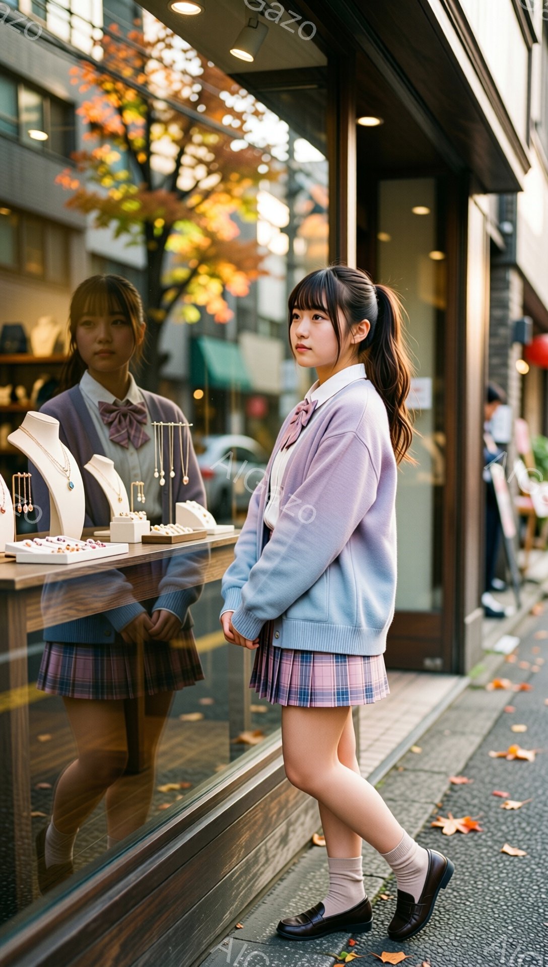 画像には、制服を着た若い女性が写っています。彼女は紫色のカーディガン、チェック柄のスカート、白いソックス、黒い靴を履いており、髪はポニーテールに結ばれています。彼女はショーウィンドウの前に立っており、やや内気な表情で外を見ています。