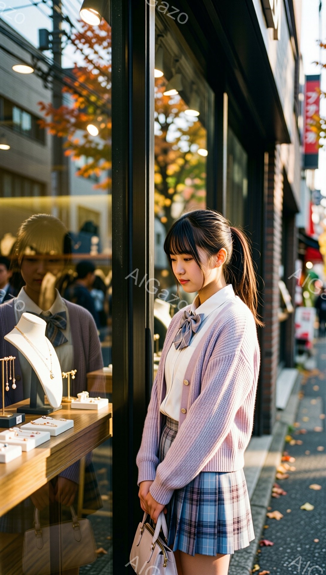 若い女性がショーウィンドウの前で立っている。彼女は白いシャツにパステルパープルのカーディガン、チェック柄のプリーツスカートを着用し、髪はポニーテールにしている。背景にはレンガ造りの建物や街路樹が見え、落ち葉が散らばっていることから秋の日の穏やかな雰囲気が感じられる。