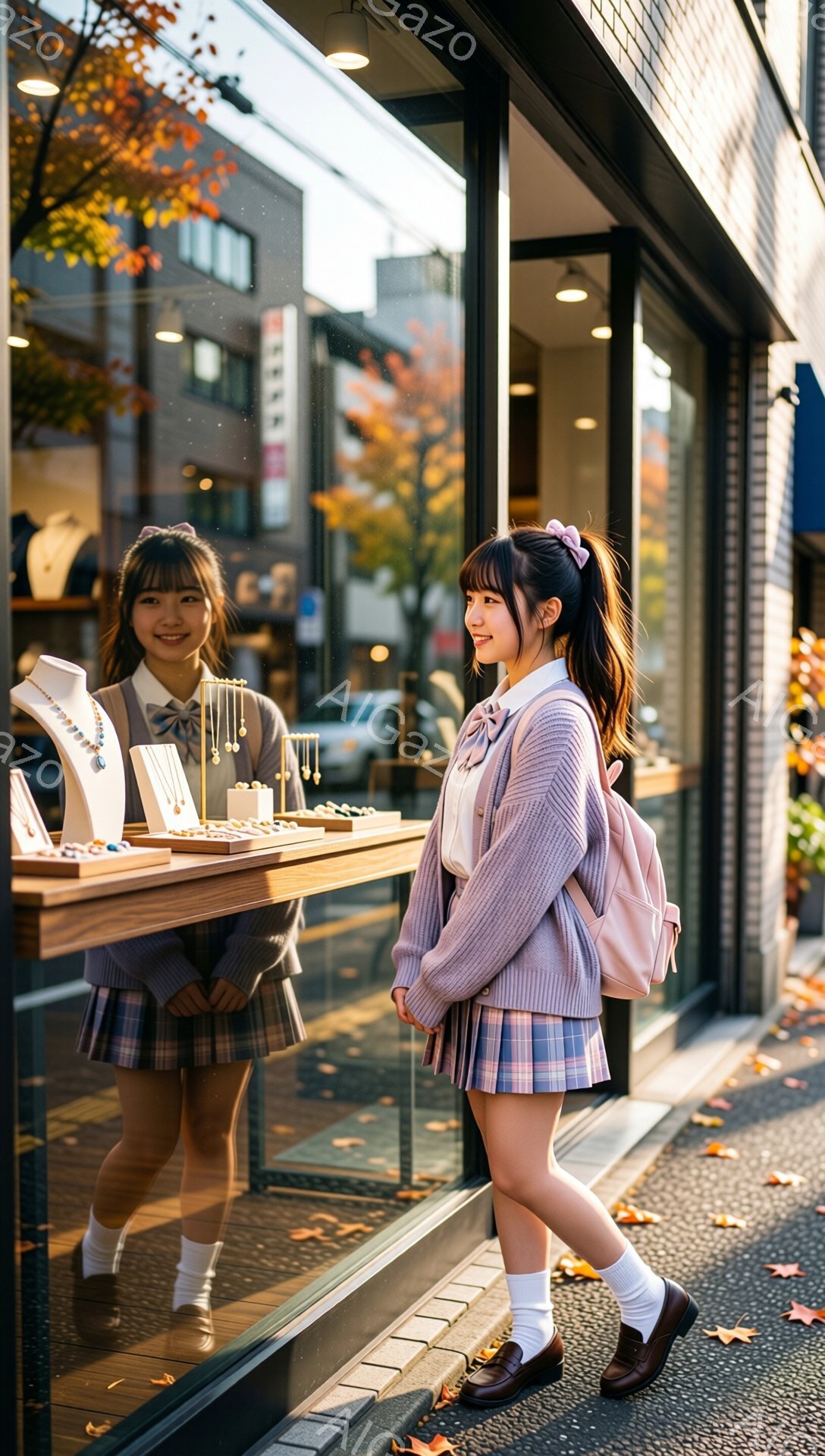 制服を着た若い女性がショーウィンドウの前に立っている。彼女はグレーのカーディガン、チェック柄のスカート、白いソックス、茶色のローファーを履いている。背景には、自然光が差し込む商店街と、秋の紅葉が見える。