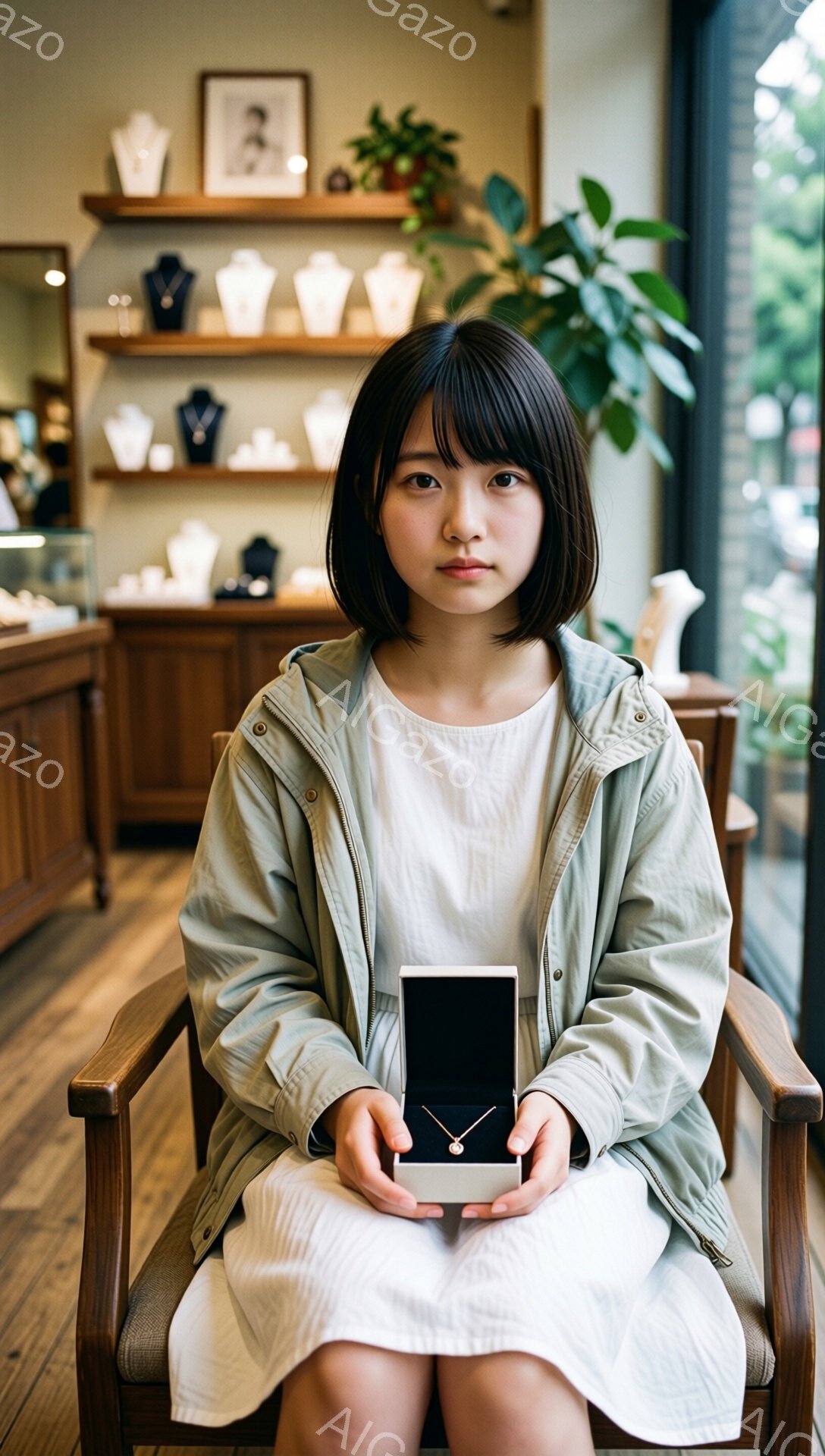 若い女性が椅子に座り、両手に小さな箱を持っています。彼女はベージュ色のジャケットの上に白いワンピースを着ており、前髪を斜めに流したダークブラウンのショートヘアです。背景には宝石が並んだ棚があり、自然光が入る窓が見え、落ち着いた雰囲気の店内の様子が伺えます。