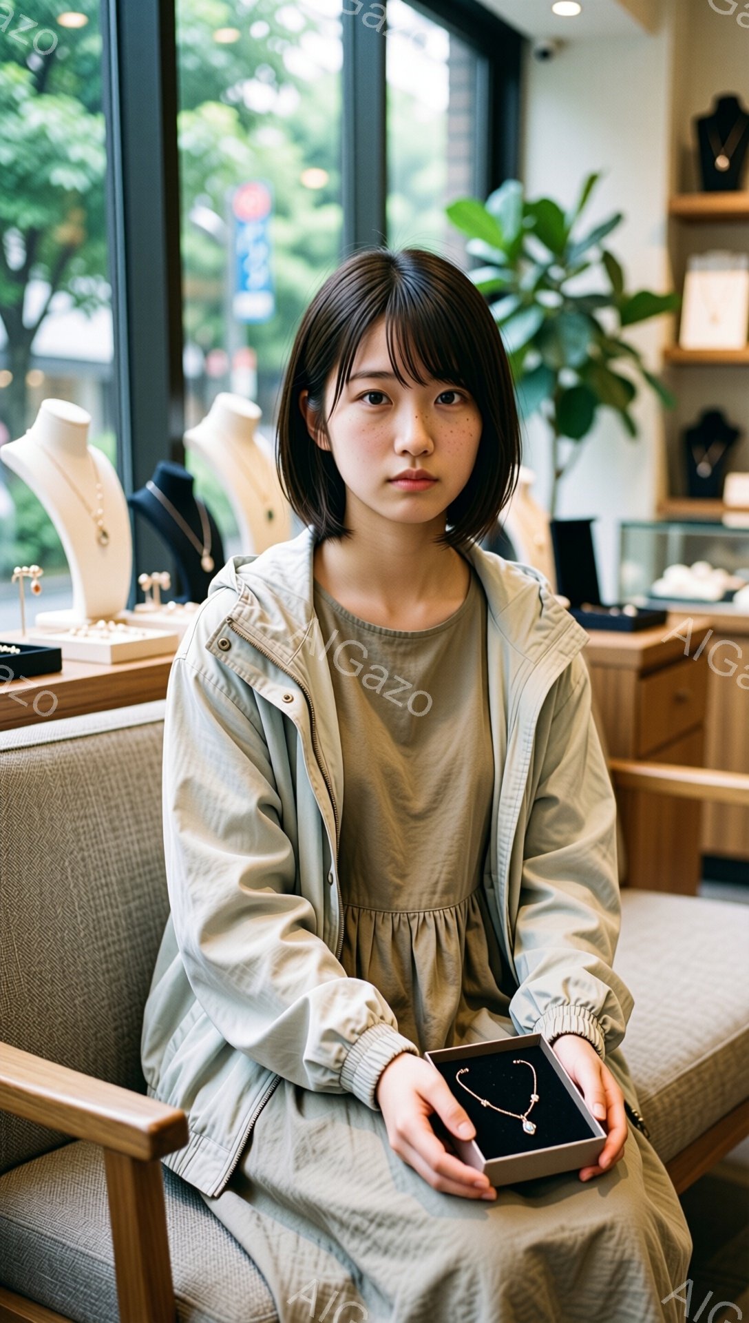 若い女性が、薄灰色のジャケットとくしゃくしゃのベージュ色のワンピースを着て、箱に入ったネックレスを持っています。彼女は短い黒髪で前髪が目にかかり、やや無表情でカメラを見つめています。背景にはジュエリーが展示されたショーケースと植物があり、明るい室内で、落ち着いた雰囲気です。