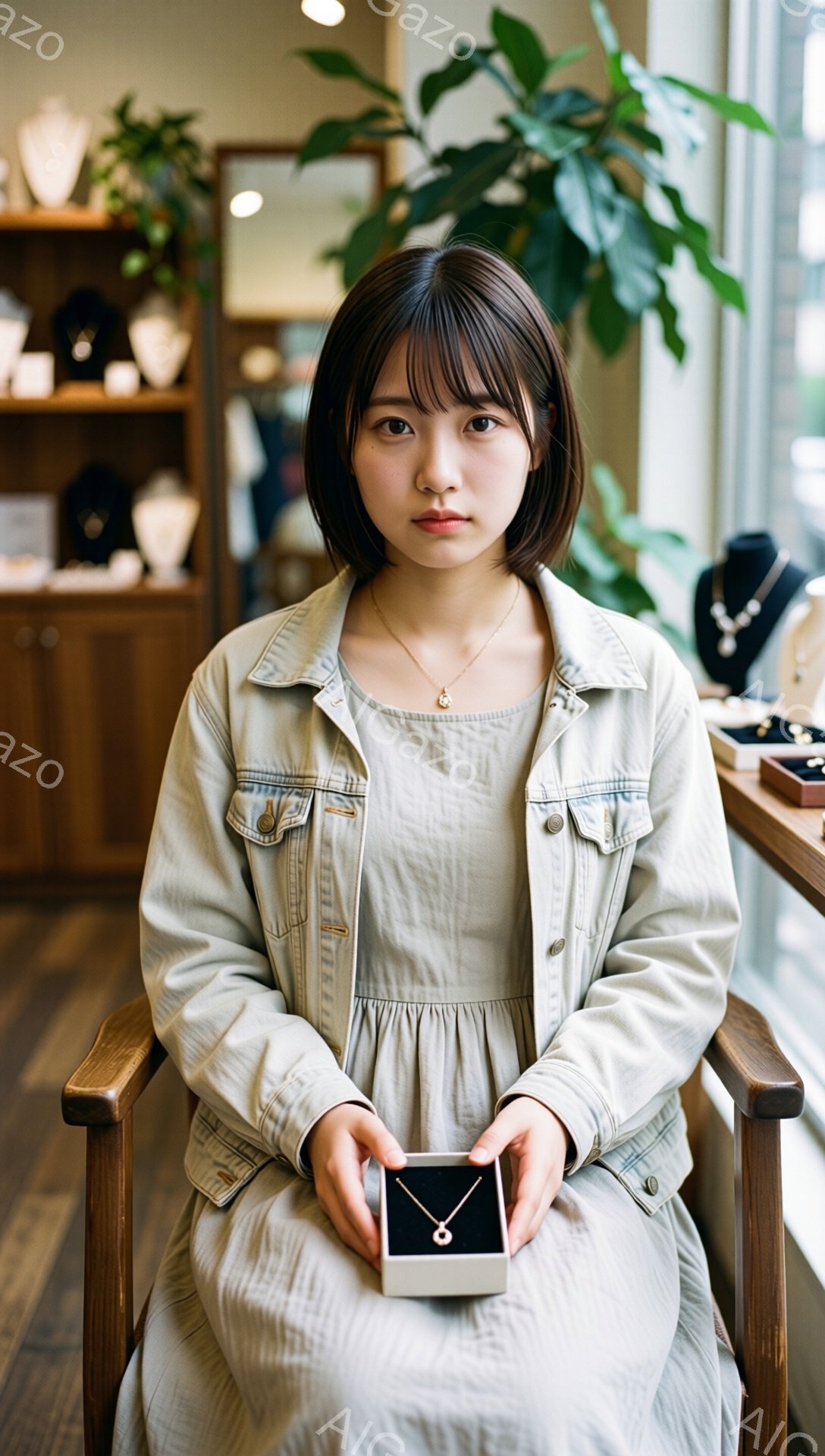 若い女性が、薄茶色のキャミソールワンピースに、明るい色のデニムジャケットを羽織って座っています。彼女は短いボブヘアで、穏やかな表情を浮かべ、両手に小さな白い箱を持っています。背景には、ジュエリーが並んだ棚と、緑の植物が見え、店内の温かく明るい雰囲気が伝わってきます。