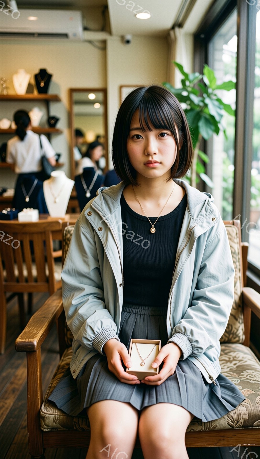 若い女性が、薄い灰色のウィンドブレーカーと黒いトップス、グレーのプリーツスカートを身につけて、アンティーク調のソファに座っています。彼女は前髪を下ろしたショートヘアで、落ち着いた表情で、手に小さなジュエリーボックスとネックレスを持っています。背景には、他の顧客とジュエリーが飾られたショーケースがあり、室内は自然光が差し込み、落ち着いた雰囲気です。