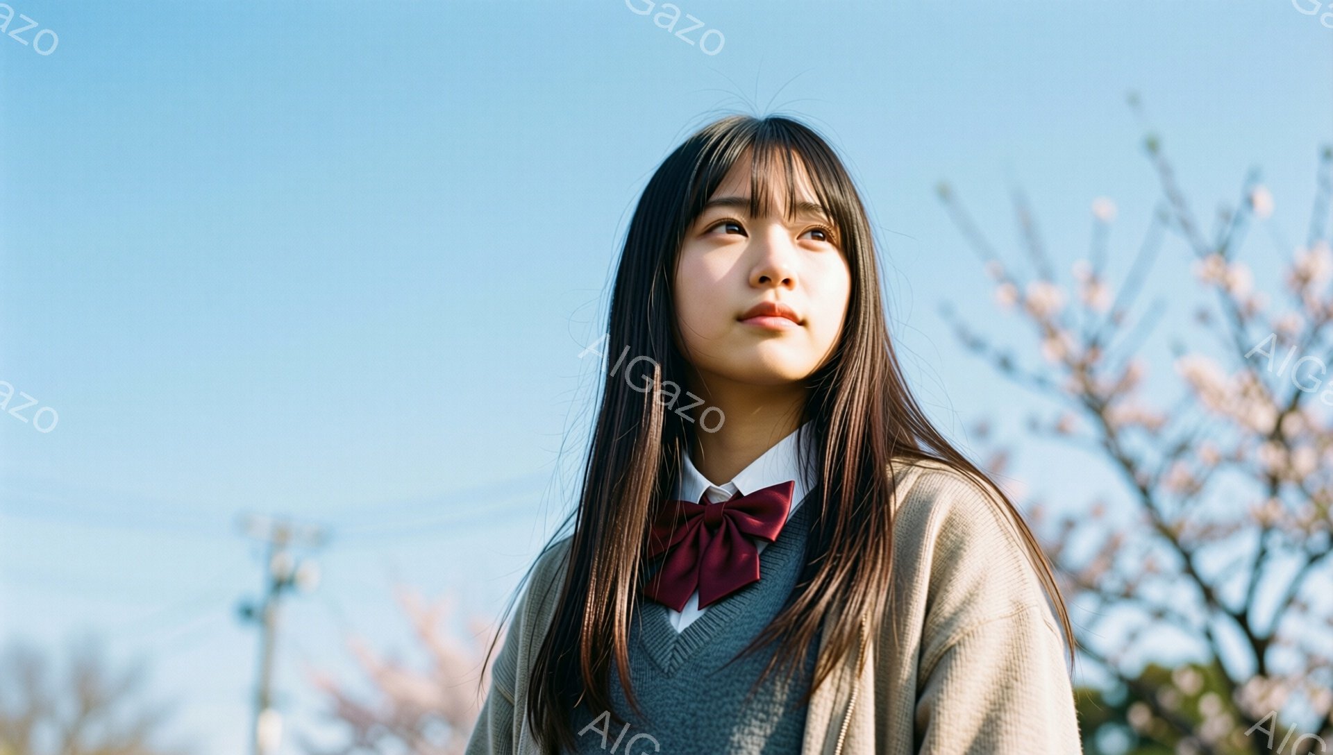 長い黒髪をなびかせ、セーラー服に赤いリボンをつけた少女が、少し上を見ている。背景には桜の木がぼんやりと見え、空は晴れ渡っている。彼女の表情は穏やかで、春の暖かさを感じさせる優しい雰囲気の画像である。
