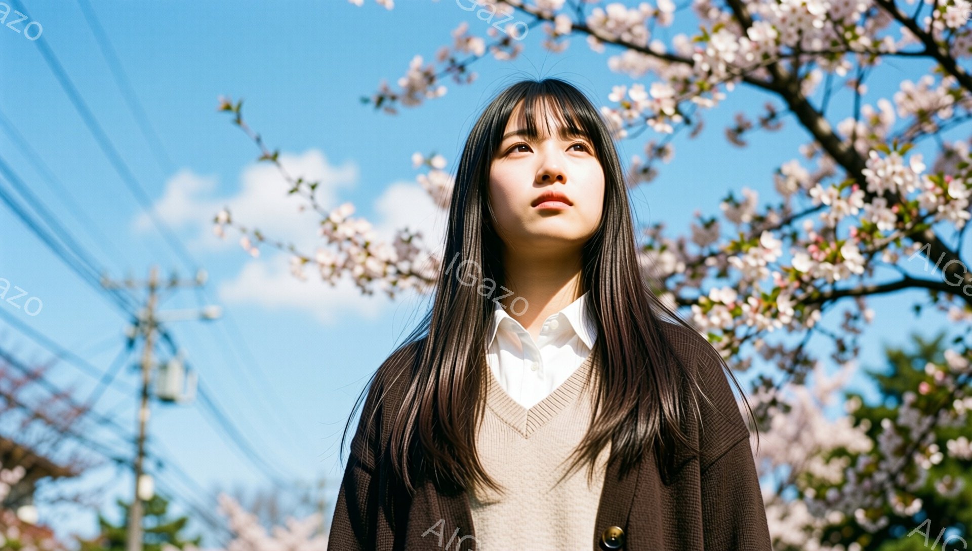 長い黒髪で前髪ぱっつんの女性が、白いシャツにベージュのベスト、黒いカーディガンを着ています。彼女は空を見上げており、少し憂いを帯びた表情をしています。背景には桜の花が咲き誇る木々と、青空が広がっており、春の穏やかな雰囲気を醸し出しています。