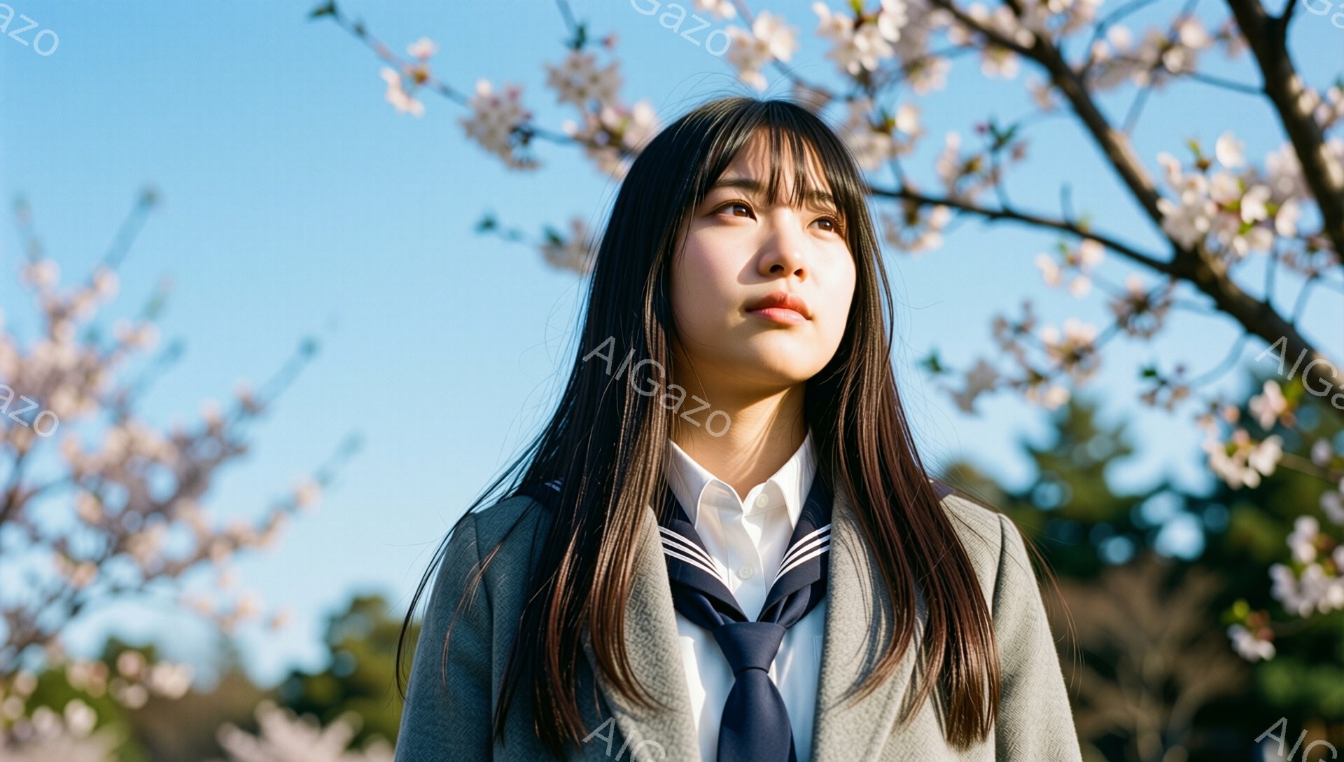 長い黒髪を伸ばした若い女性が、制服を着て空を見上げています。彼女はグレーのコートを着ており、顔にはどこか憂いを帯びた表情が見られます。背景には桜の木が咲き誇り、青空が広がっていることから、春の暖かな日差しの中で撮影された一枚であることがわかります。