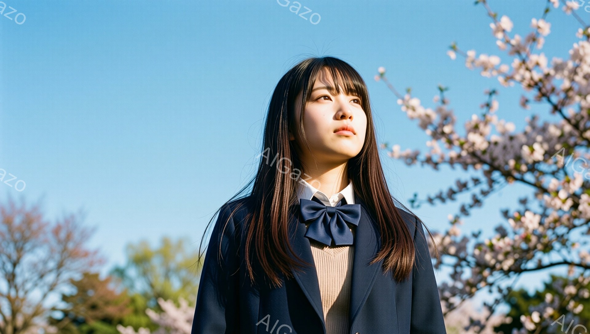 長い黒髪で、前髪は眉毛にかかるように切り揃えられた若い女性が立っている。紺色のブレザーにベージュのセーター、濃い青色のリボンタイを着用し、制服姿であることがわかる。背景には桜の木が咲き誇り、青空の下で春の訪れを感じさせる穏やかな雰囲気である。
