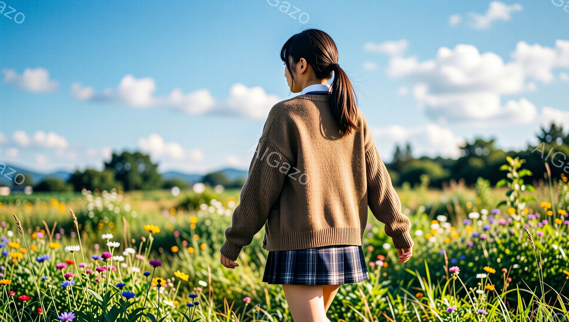 長い髪を後ろで一つに結んだ女性が、花畑の中を歩いている。ベージュのニットカーディガンとチェック柄のスカートを着用し、白いシャツが襟元から覗いている。背景には緑豊かな丘と青い空が広がり、晴れた日の穏やかな雰囲気を醸し出している。