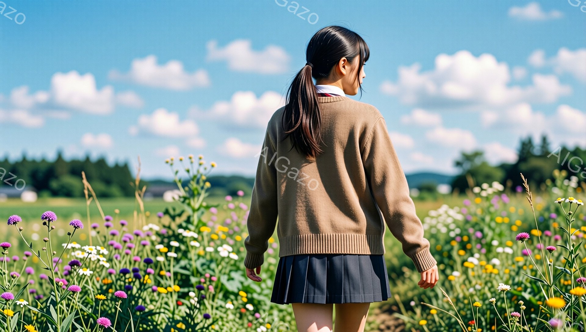 長い黒髪をポニーテールにした少女が、花畑の中を歩いている後ろ姿が写っている。ベージュのセーターとプリーツスカートという制服のような服装で、晴れた空の下、自然豊かな風景の中にいる様子が伺える。紫や白、黄色の花々が咲き乱れ、遠くには緑の丘と木々が見え、穏やかでノスタルジックな雰囲気を醸し出している。