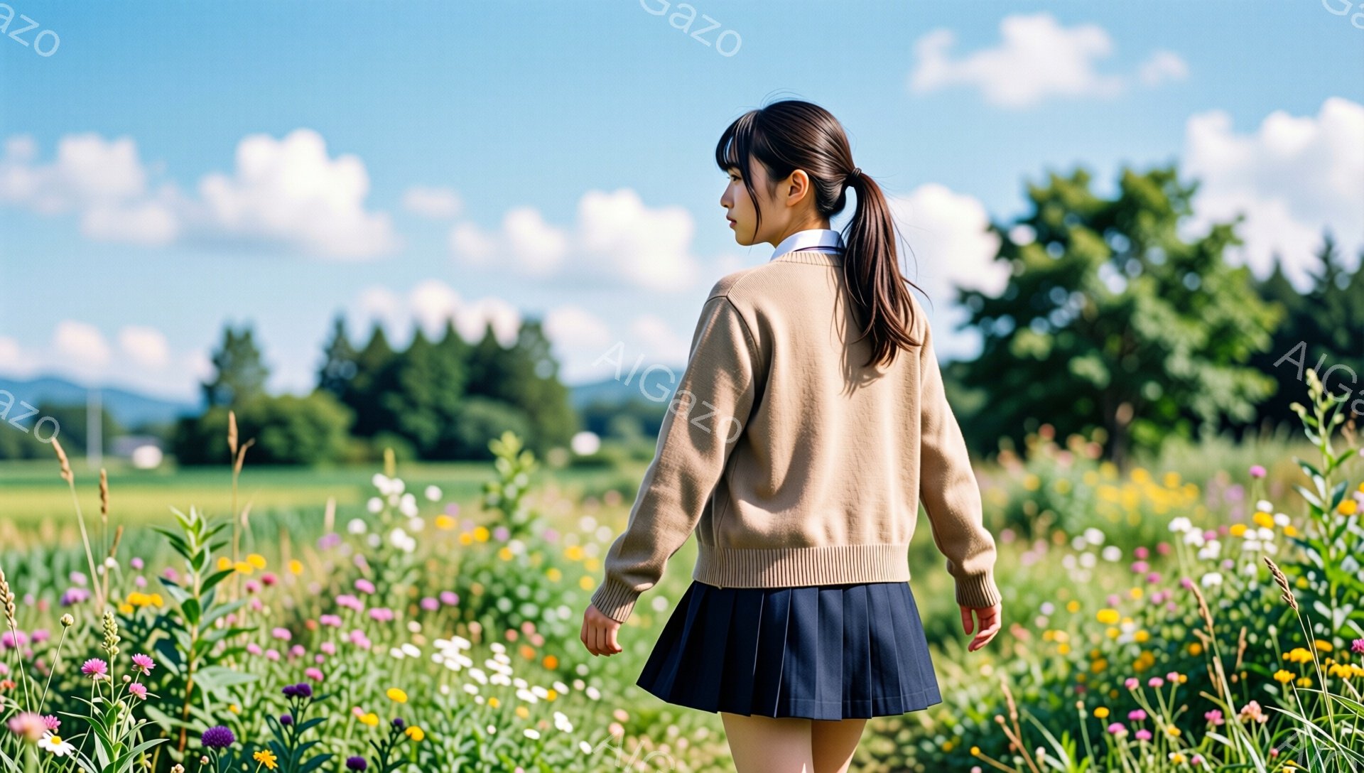 長い黒髪をポニーテールにした女性が、花畑の中を歩いている後ろ姿が写っている。ベージュのセーターとプリーツスカートを着用しており、学生服のような印象を受ける。背景には緑の草原と遠くの山々が見え、晴れた空の下、穏やかで優しい雰囲気が漂っている。