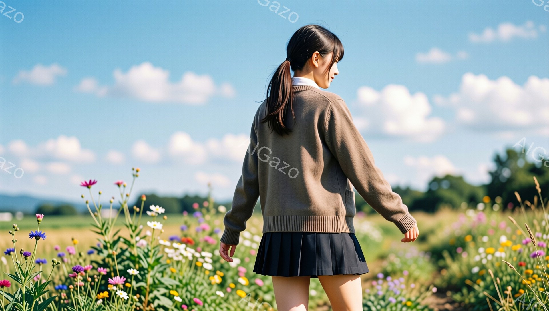 茶髪の少女が花畑を歩いている。彼女はベージュのセーターと黒いプリーツスカートを着ており、髪をポニーテールにしている。背景には緑の田園風景と青い空が広がり、晴れた日の穏やかな雰囲気が感じられる。