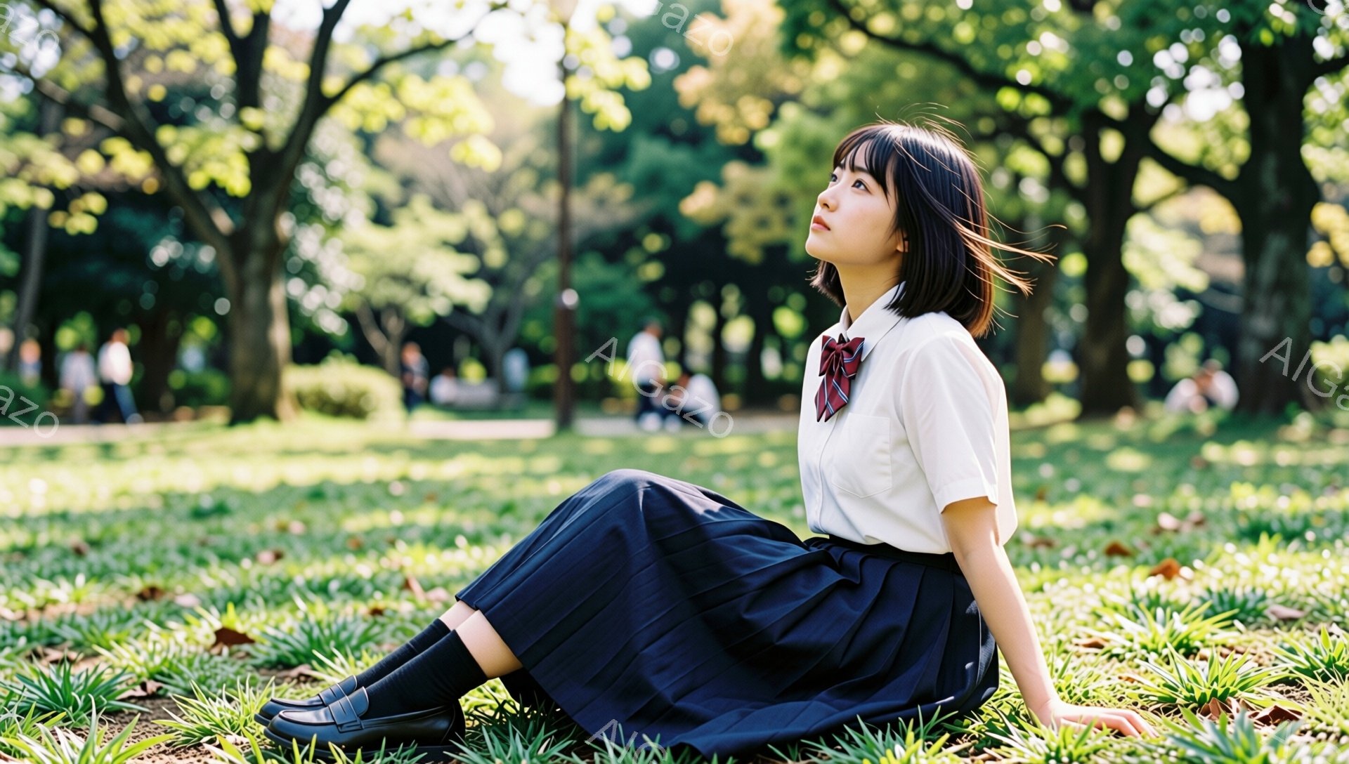 短い茶色の髪をした若い女性が、緑の芝生の上に座って空を見上げています。白いシャツにネイビーのスカート、黒い靴下と革靴を履き、首にはチェック柄のリボンを結んでいます。背景には木々が生い茂り、光が差し込み、穏やかで平和な雰囲気が漂っています。
