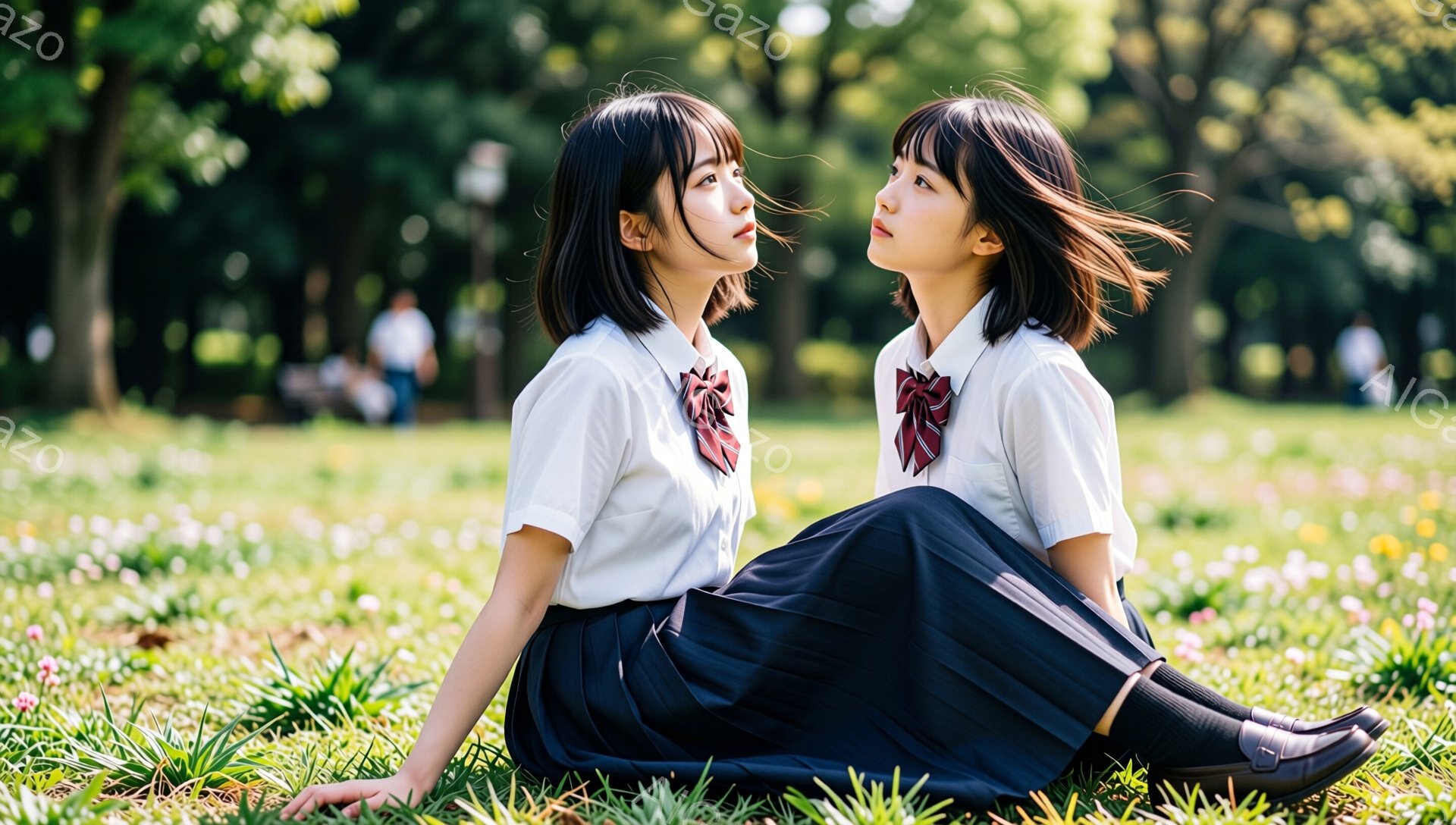 2人の若い女性が芝生の上に座っており、制服を着ています。彼女たちは黒いプリーツスカートと白いシャツ、赤いネクタイ、黒い靴下、黒い革靴を履いています。背景には緑豊かな木々と花が咲き乱れ、晴れた日の穏やかな雰囲気が漂っています。