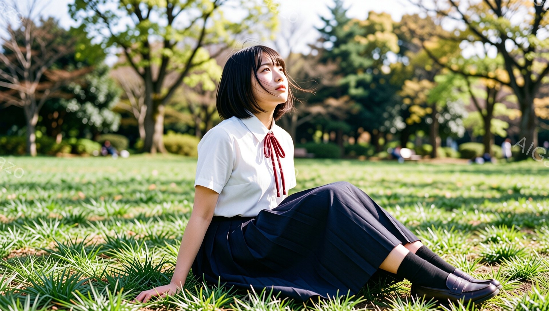 短い黒髪の女性が、緑の芝生の上に座って空を見上げています。白いシャツに赤いリボン、プリーツの黒いスカート、黒い靴下と靴を着用しており、制服姿です。背景には木々が並び、晴れた空と柔らかい光が穏やかな雰囲気を醸し出しています。