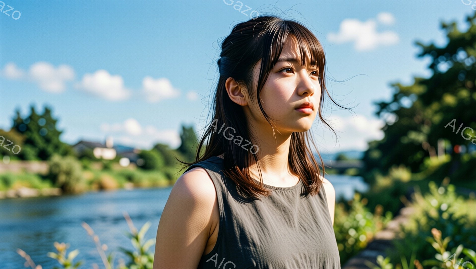黒いタンクトップを着た若い女性が、少し横を向いて立っている。彼女は前髪が目の上にかかり、肩までの長さの黒髪で、憂いのある表情をしている。背景には青い空と白い雲、そして緑豊かな川と植物が見え、晴れた日の穏やかな風景が広がっている。