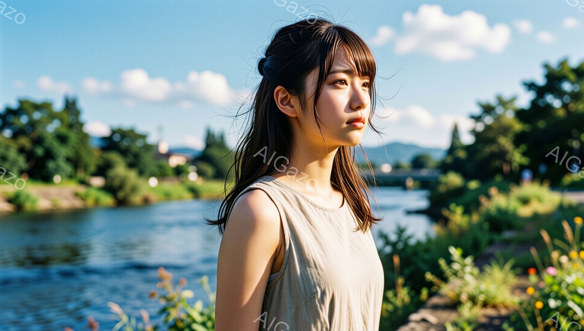 長い黒髪を肩にかける若い女性が、川沿いの道を歩いている様子が写っている。ベージュ色のシンプルなワンピースを着ており、表情はどこか物憂げで、遠くを見つめている。背景には緑豊かな川と、霞んだ山々が広がり、穏やかで静かな雰囲気を醸し出している。