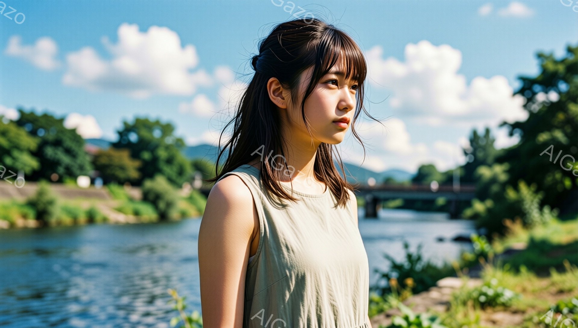 若い女性が川沿いの道で、横を向いて少し憂いを帯びた表情を浮かべている。オフホワイトのノースリーブワンピースを着ており、前髪を少し短く切りそろえたダークブラウンの髪が特徴的だ。背景には緑豊かな川と橋、そして晴れた空が広がり、夏の穏やかな雰囲気を醸し出している。