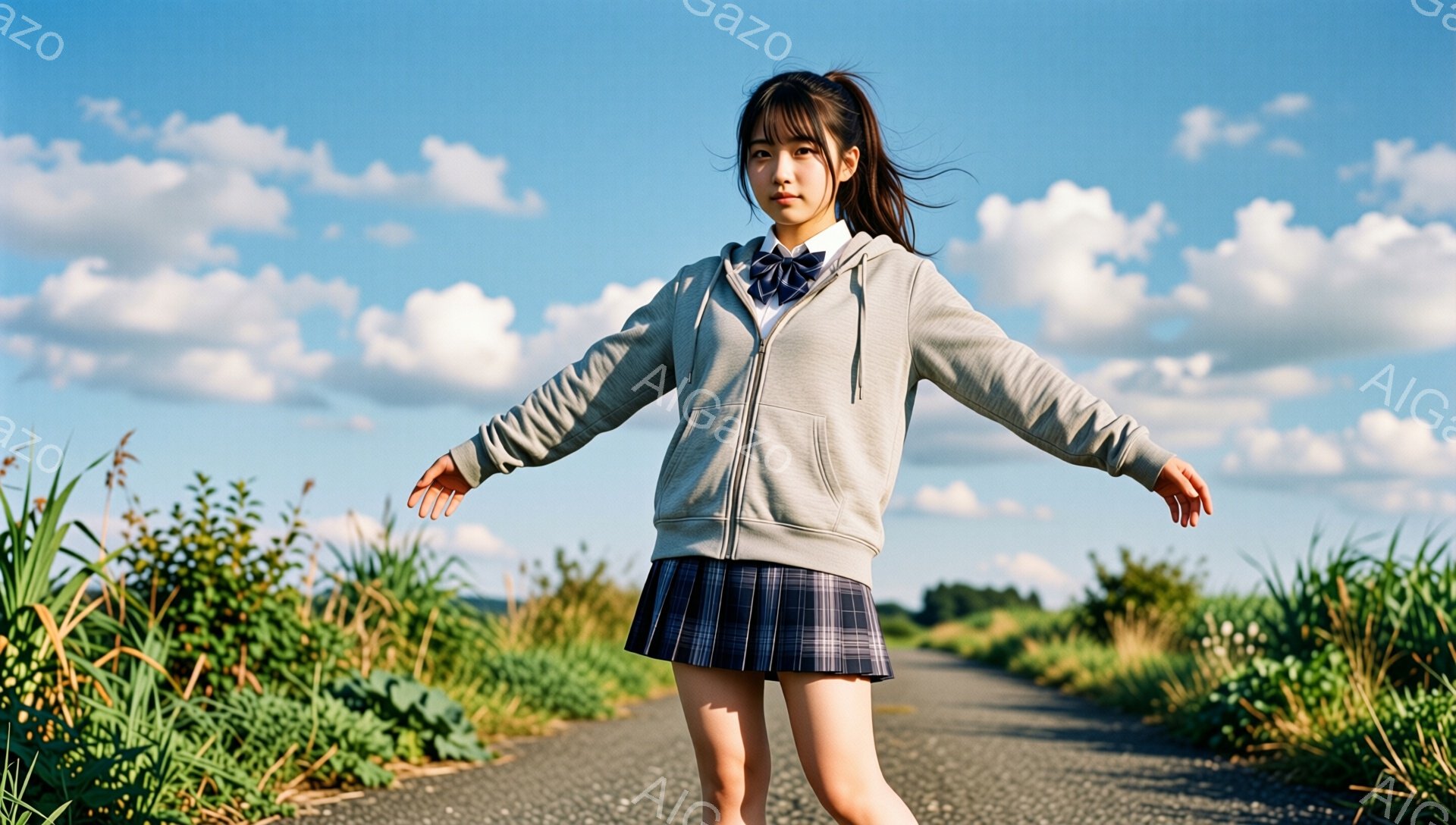若い女性がアスファルトの道で両手を広げて立っています。紺色のリボンと白いシャツに、グレーのジップアップパーカー、チェックのプリーツスカートを着用し、髪はポニーテールにしています。背景には緑豊かな草が生い茂り、晴れた空には白い雲が浮かび、爽やかで開放的な雰囲気が漂っています。