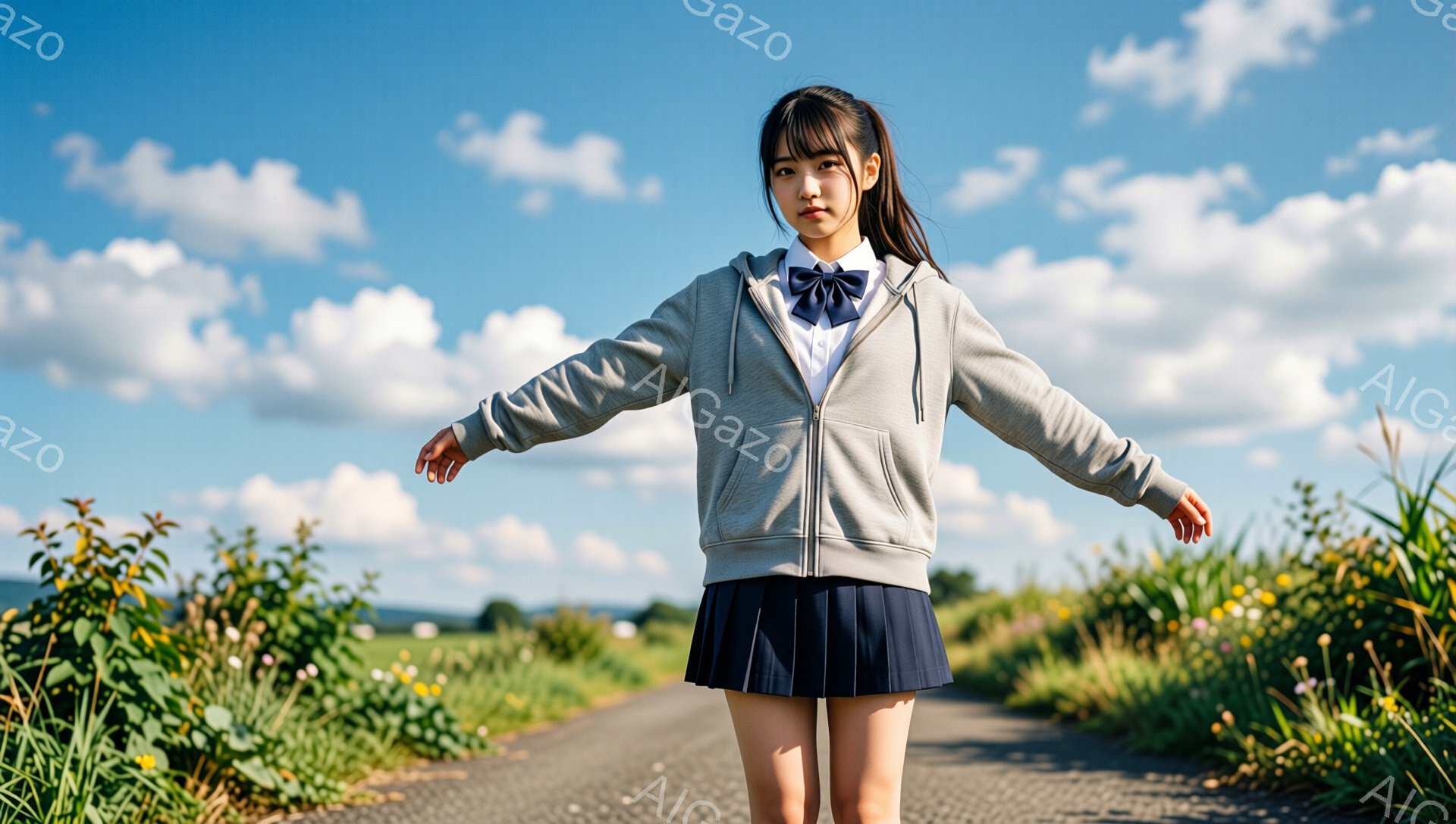 茶色の長い髪をセンターパートにした女子高生が、紺色のスカートと白いシャツ、グレーのパーカーを着て、両手を横に広げて立っている。彼女は少し微笑んでおり、背景には緑豊かな田園風景と青空が広がっている。全体的に、明るく爽やかな雰囲気の画像である。