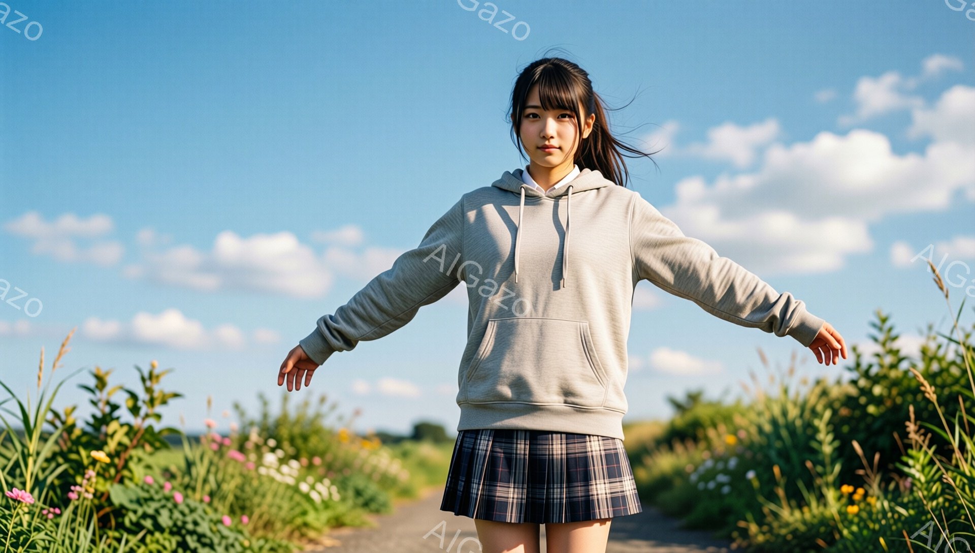 若い女性が田園風景の中で両手を広げて立っている。彼女はグレーのパーカーとチェック柄のプリーツスカートを着用し、ダークブラウンのストレートヘアを肩まで伸ばしている。背景には、ピンクや黄色の野花が咲き乱れ、青空と白い雲が広がっており、開放的で爽やかな雰囲気が漂っている。