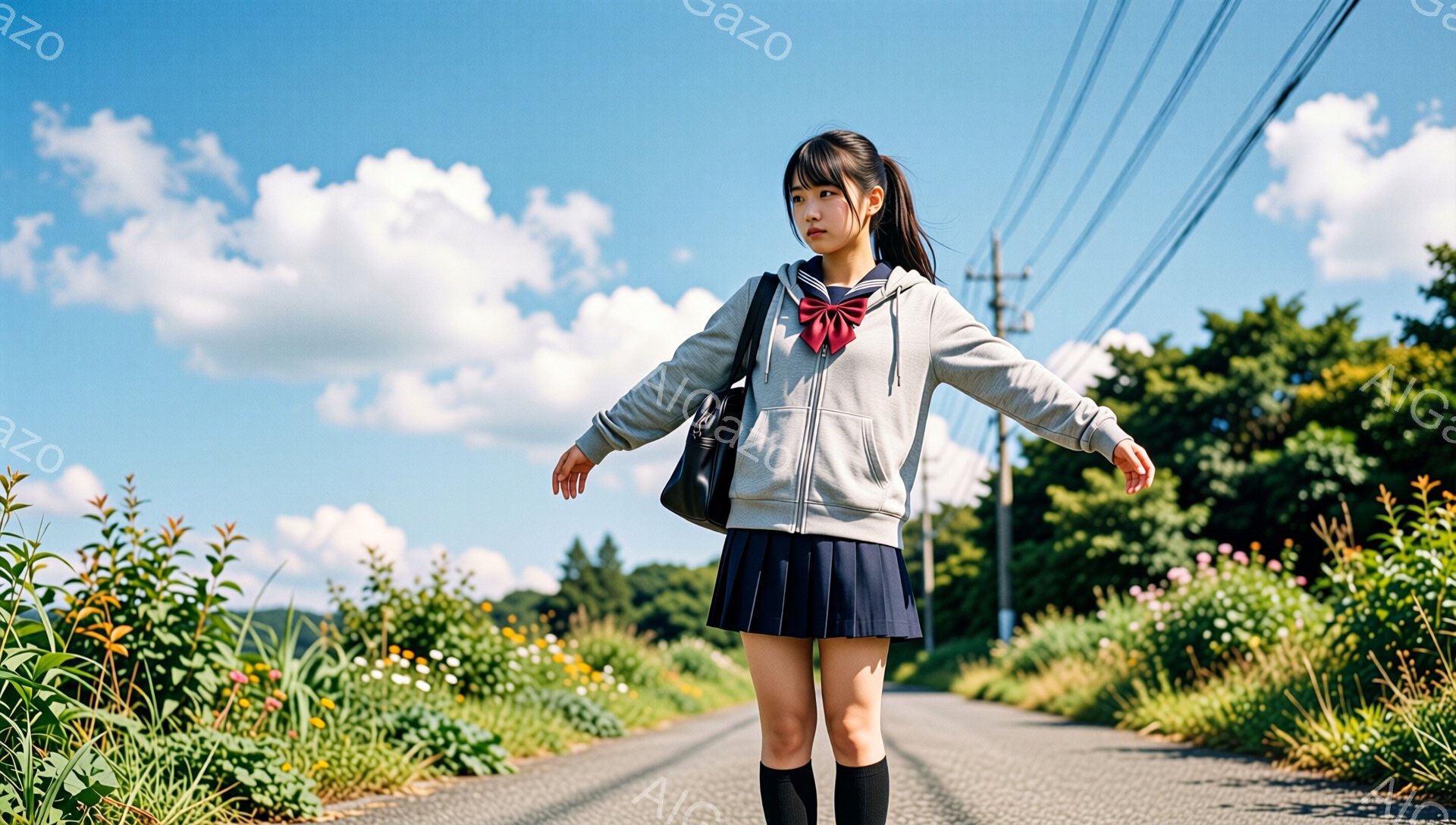 画像には、セーラー服を着た若い女性が田舎道を歩いている様子が写っています。彼女はグレーのパーカーを羽織り、黒いニーハイソックスを履き、肩に黒いハンドバッグをかけています。晴れた空の下、道の脇には花が咲き乱れ、のどかな田園風景が広がっています。