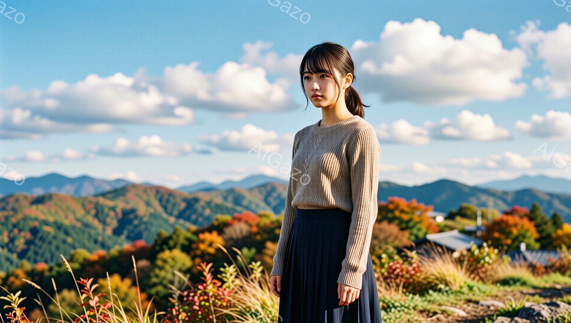 長い黒髪をセンターパートにした若い女性が、ベージュのセーターと紺色のプリーツスカートを身に着けて立っている。彼女は正面を見据え、わずかに微笑んでいるように見える。背景には、紅葉に染まった山々が広がり、晴天の空と白い雲が広がっている、秋の穏やかな風景だ。