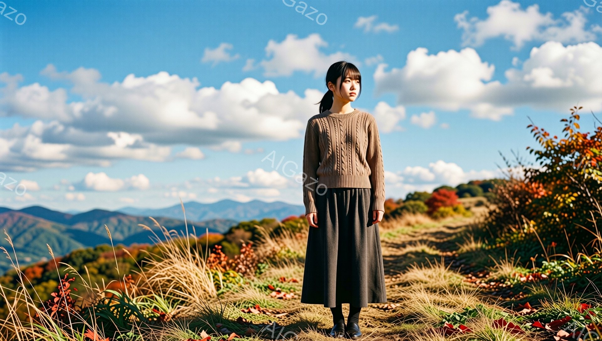 画像には、秋色の山々を背景に立つ若い女性が写っています。彼女は、ケーブル編みのセーターと膝丈の濃いグレーのスカートを着用し、髪は後ろで一つに結んでいます。彼女は少し上目線で遠くを見つめており、物憂げで静かな雰囲気を醸し出しています。
