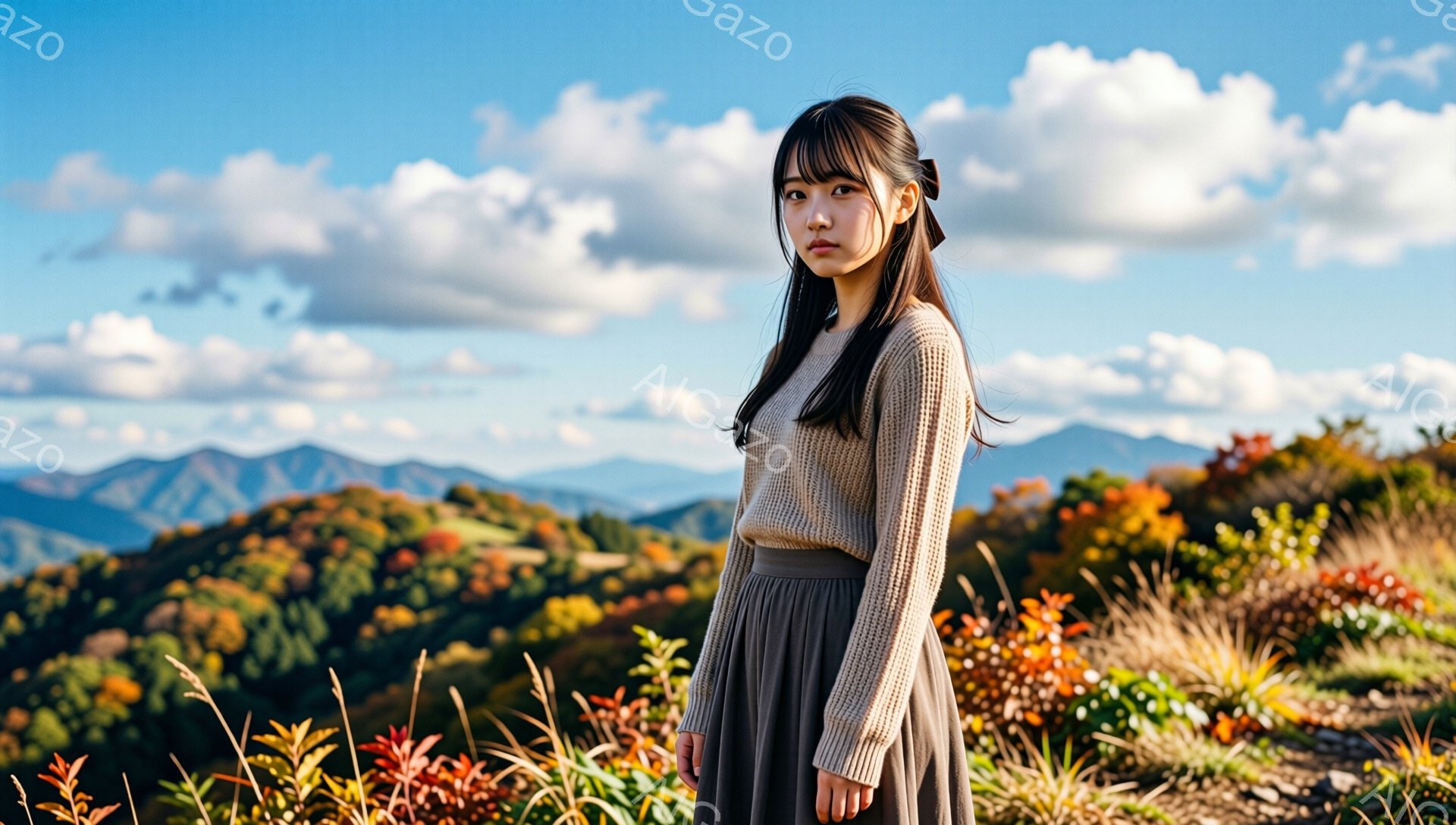 長い黒髪をセンターパートにした女性が、ベージュのニットセーターと茶色のロングスカートを着て立っています。彼女は少し憂いを帯びた表情で、遠くを見つめています。背景には、紅葉が美しい山々と青空が広がり、秋 - AI生成フリー素材
