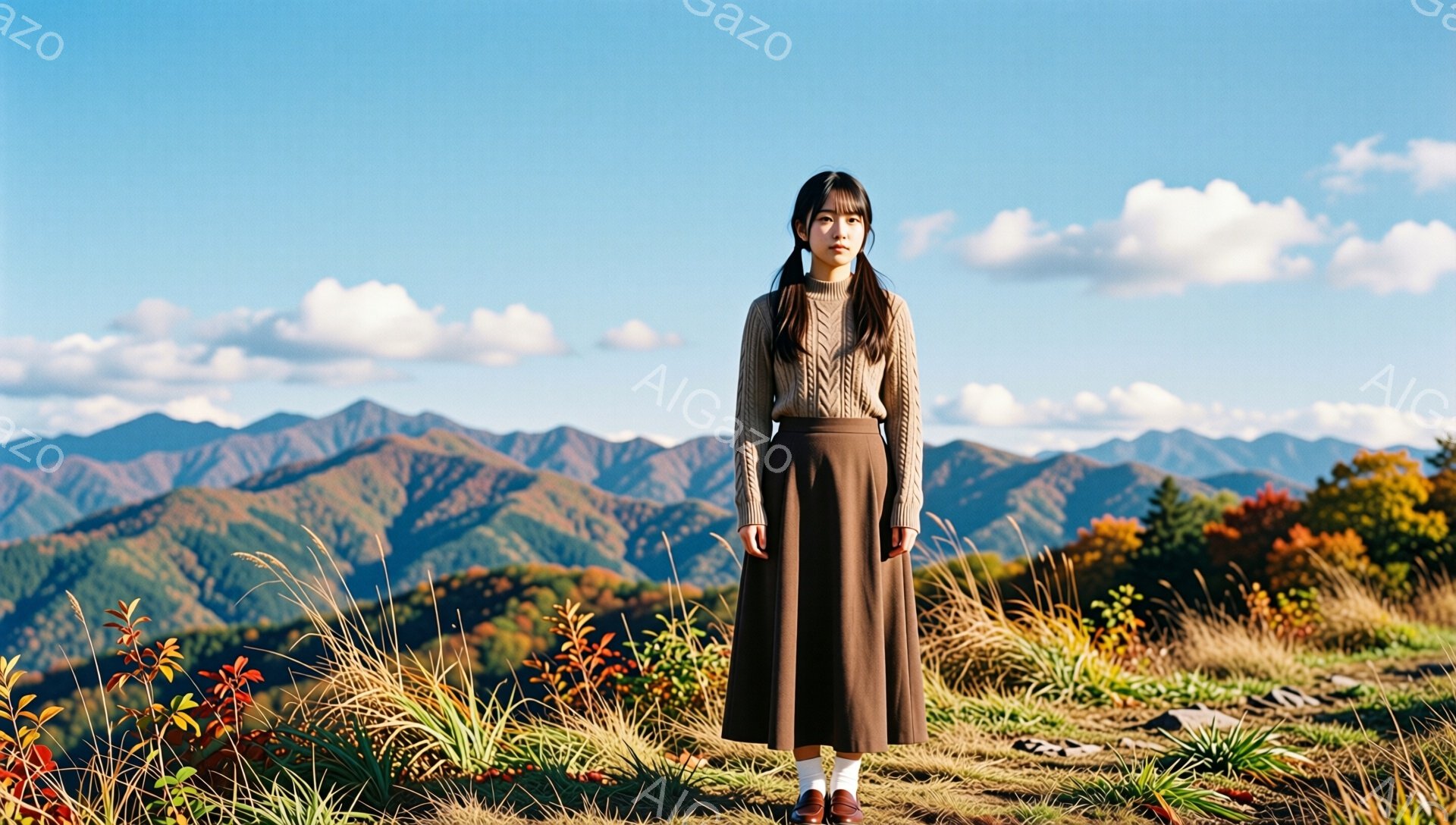 画像には、秋の山々を背景に立つ若い女性が写っています。彼女はベージュのケーブルニットセーターと茶色のロングスカート、そして茶色の靴を履いており、髪は二つに分けて肩のあたりで結ばれています。穏やかな表情で、少し下を見つめており、周囲には秋の草花が広がっています。