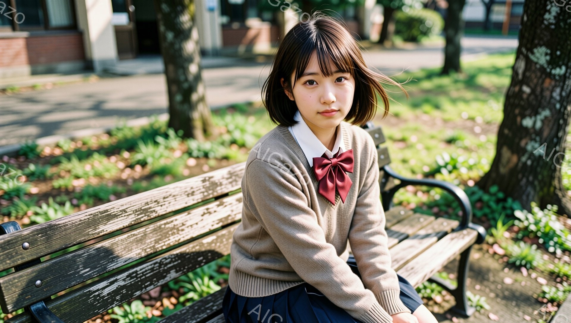 茶色の髪の短いボブヘアの女性が、ベージュ色のカーディガン、白いシャツ、そして濃い青色のスカートを着て、公園のベンチに座っています。彼女は少し伏し目がちで、落ち着いた表情をしています。背景には、木々や花が咲き乱れる緑豊かな公園と、レンガ造りの建物が見え、穏やかで春らしい雰囲気です。