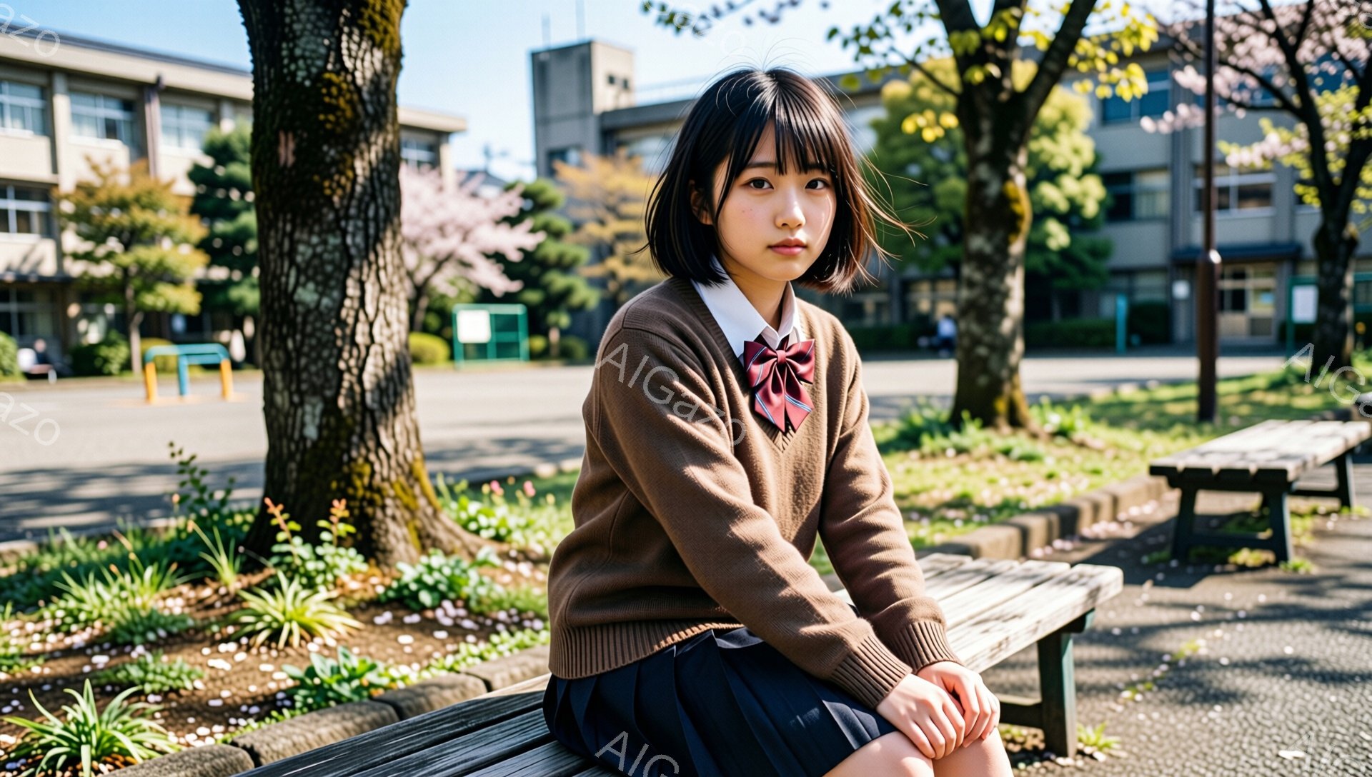 画像は、桜の木の下のベンチに座っている女子高生を描いています。彼女は茶色のセーター、チェック柄のリボン、プリーツスカートを着ており、黒髪のショートボブスタイルです。背景には学校の建物が見え、地面には桜 - AI生成フリー素材