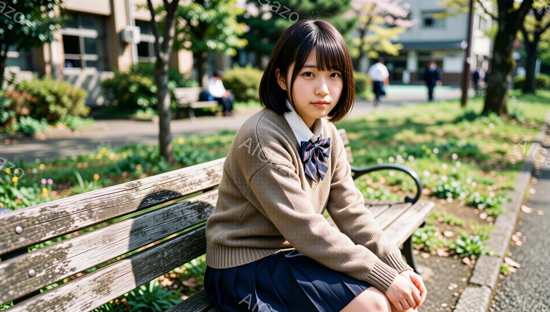 茶色のカーディガンにネクタイのついた制服姿の若い女性が、公園のベンチに座っています。彼女は黒髪のショートボブで、少し憂いのある表情をしています。背景には緑豊かな木々と建物が見え、春の穏やかな日差しが感じられる、静かで落ち着いた雰囲気です。