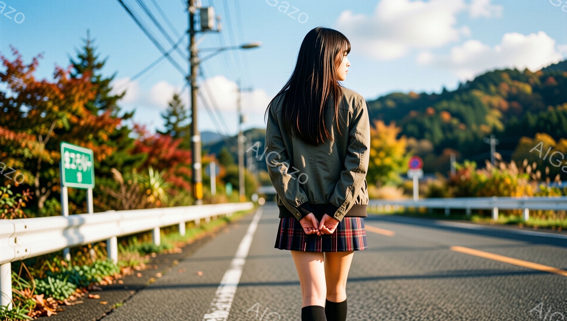若い女性が道路の中央に立っており、背中を向けている。彼女はチェック柄のスカート、黒いハイソックス、カーキ色のジャケットを着ており、長い黒髪が背中に広がっている。背景には、紅葉した木々や丘陵地帯が広がり、晴天の下で穏やかな雰囲気が漂っている。