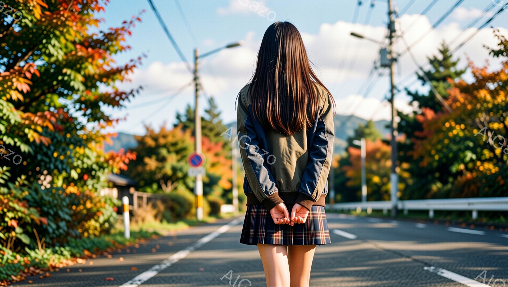 長い黒髪を背中に伸ばした若い女性が、チェック柄のスカートとミリタリー風のジャケットを着て、道路の中央に立っています。彼女は両手を背中に当てており、少し下を向いているように見えます。背景には紅葉した木々と、晴れた空が広がっており、穏やかで秋らしい雰囲気が漂っています。