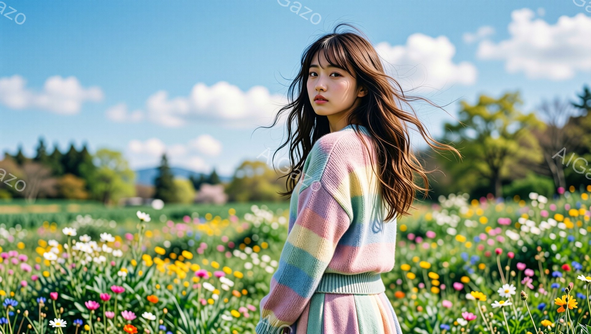 長いダークブラウンの髪の女性が、色とりどりの花畑の中に立っている。彼女はパステルカラーのストライプのニットカーディガンとスカートを身につけ、後ろを向いて少し振り返っている。背景には緑豊かな木々と青空が広がり、晴れた日の穏やかで鮮やかな雰囲気を醸し出している。