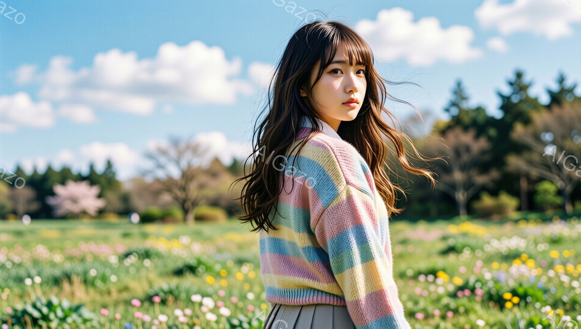 長いダークブラウンの髪は肩にかかり、少しウェーブがかかっています。彼女はパステルカラーのストライプセーターとグレーのスカートを着て、振り返ってこちらを見ています。背景には緑の草地と白い小さな花が咲き乱れ、遠くには桜の木と青空が広がっています。