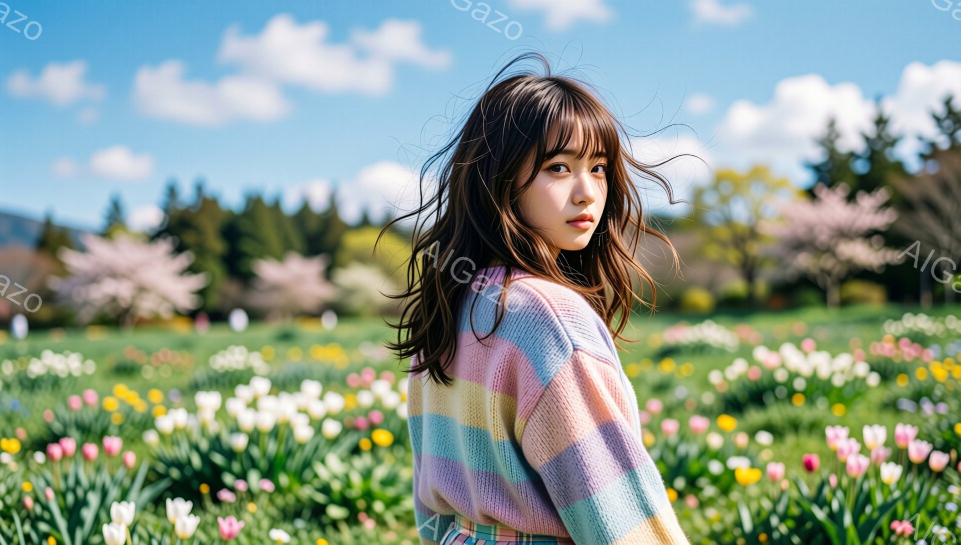 長い黒髪の女性が、カラフルなパステルカラーのブロック柄セーターを着て、花畑の中に立っています。彼女は少し振り返り、憂いを帯びた表情で遠くを見つめています。背景には桜の木々と緑の丘が広がり、晴れた空に白い雲が浮かんでいます。
