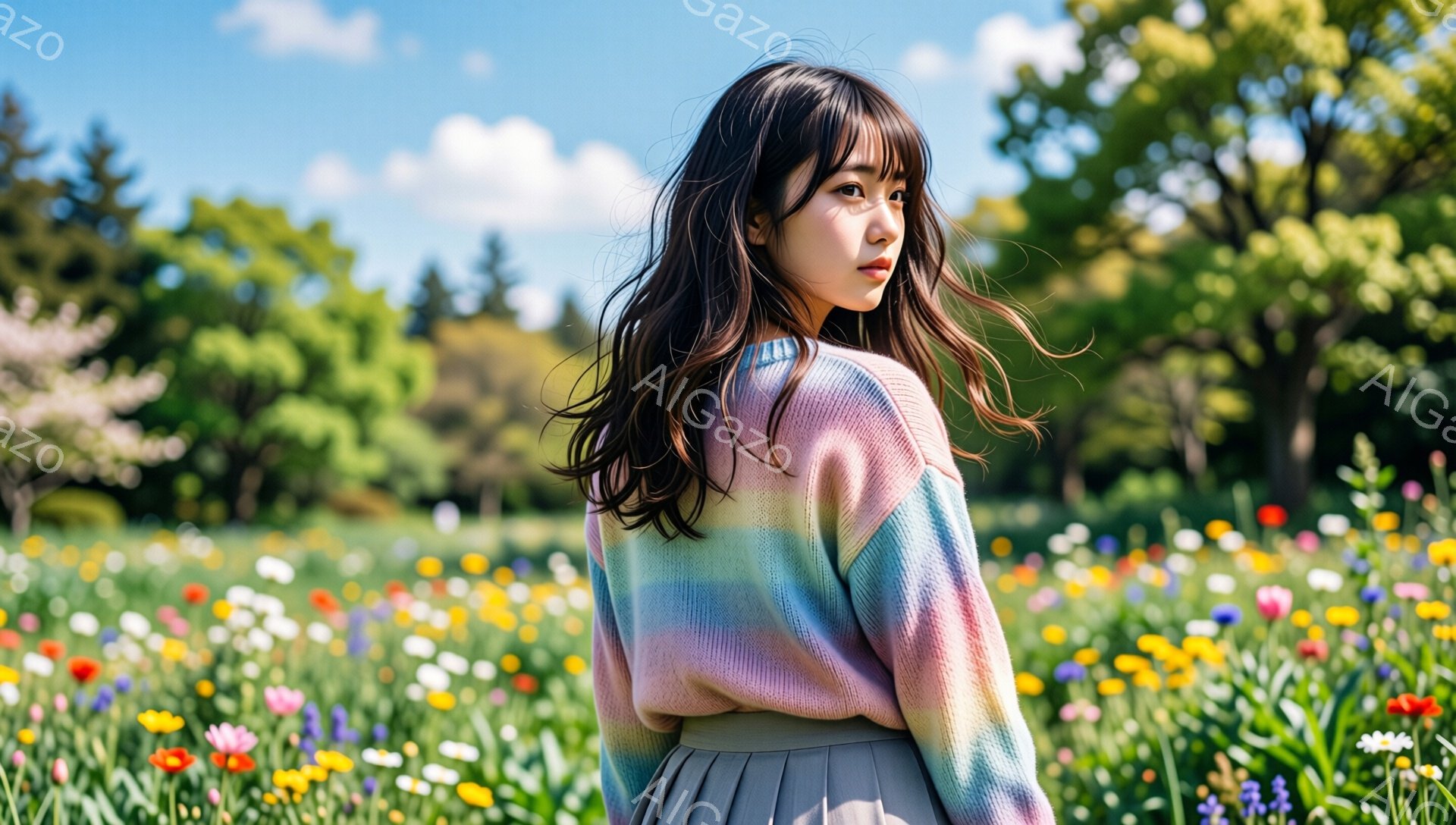 長い黒髪の女性が、色とりどりの花畑の中に立っている。彼女は虹色のセーターとグレーのスカートを着ており、少し後ろを振り返って微笑んでいる。背景には緑豊かな木々が見え、晴天の下、明るく暖かい雰囲気が漂っている。