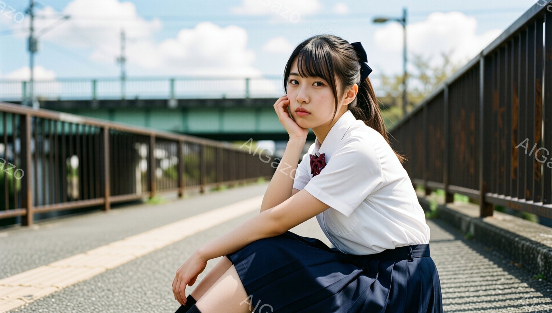 制服を着た若い女性が、コンクリートの歩道に座ってポーズをとっています。彼女は白いブラウスと濃い青色のプリーツスカートを着ており、髪は後ろでポニーテールにまとめ、前髪はふさふさしています。表情は少し憂いがあり、顎に手を当てています。