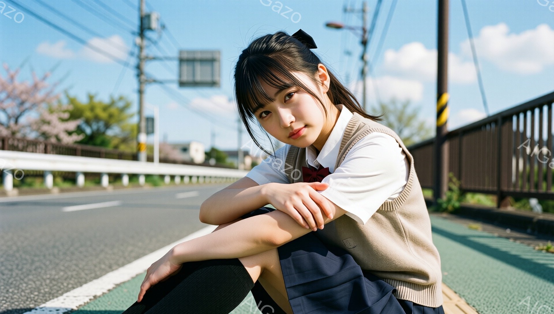 画像には、制服を着た若い女性が道路脇に座っている様子が写っています。彼女はベージュのベスト、白いシャツ、ネクタイと紺色のスカートを着用し、黒いストッキングを履いています。背景には青空と道路、そして遠くに見える建物や電柱があり、春の穏やかな天候を感じさせます。