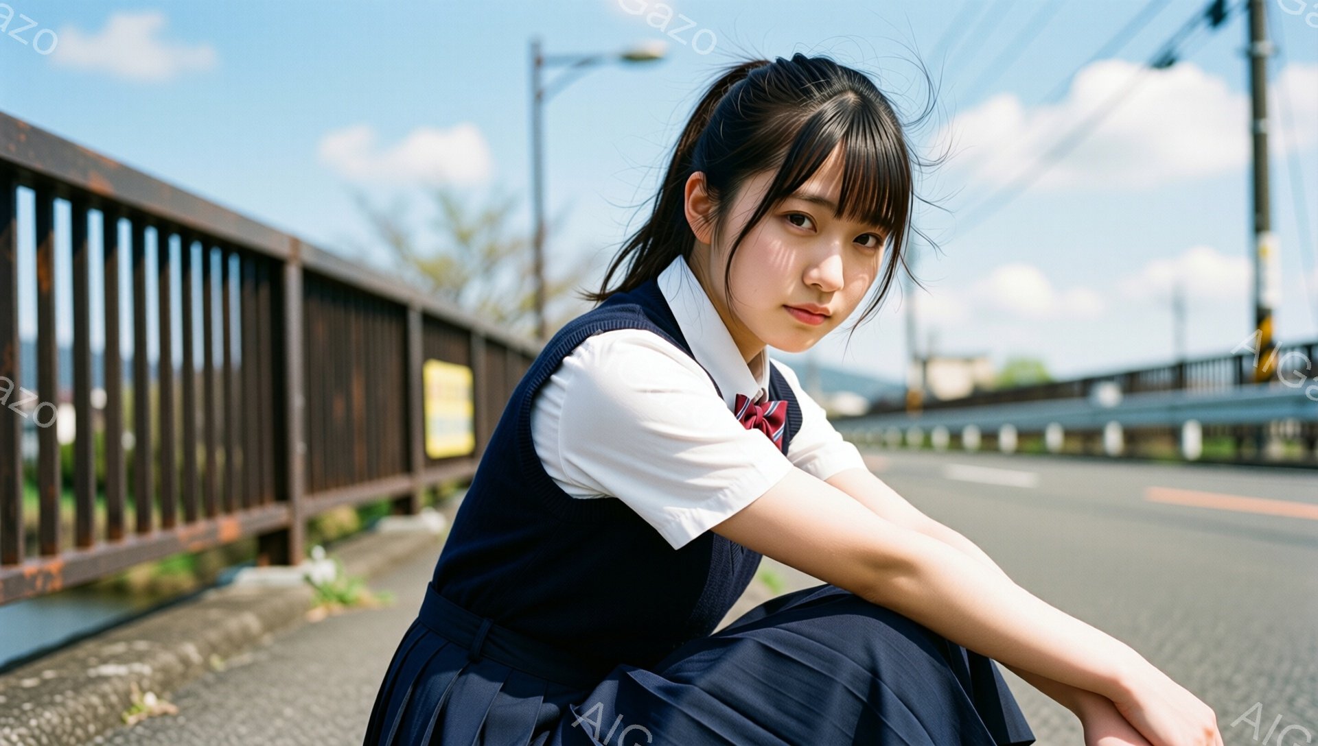 茶髪の少女が道路の端に座り、カメラの方を見ています。彼女は白いブラウスと紺色のベストとスカートの制服を着ており、髪は後ろでポニーテールに結ばれています。背景には木製の柵と道路、遠くには建物と青空が広がっており、晴れた日の穏やかな雰囲気が漂っています。