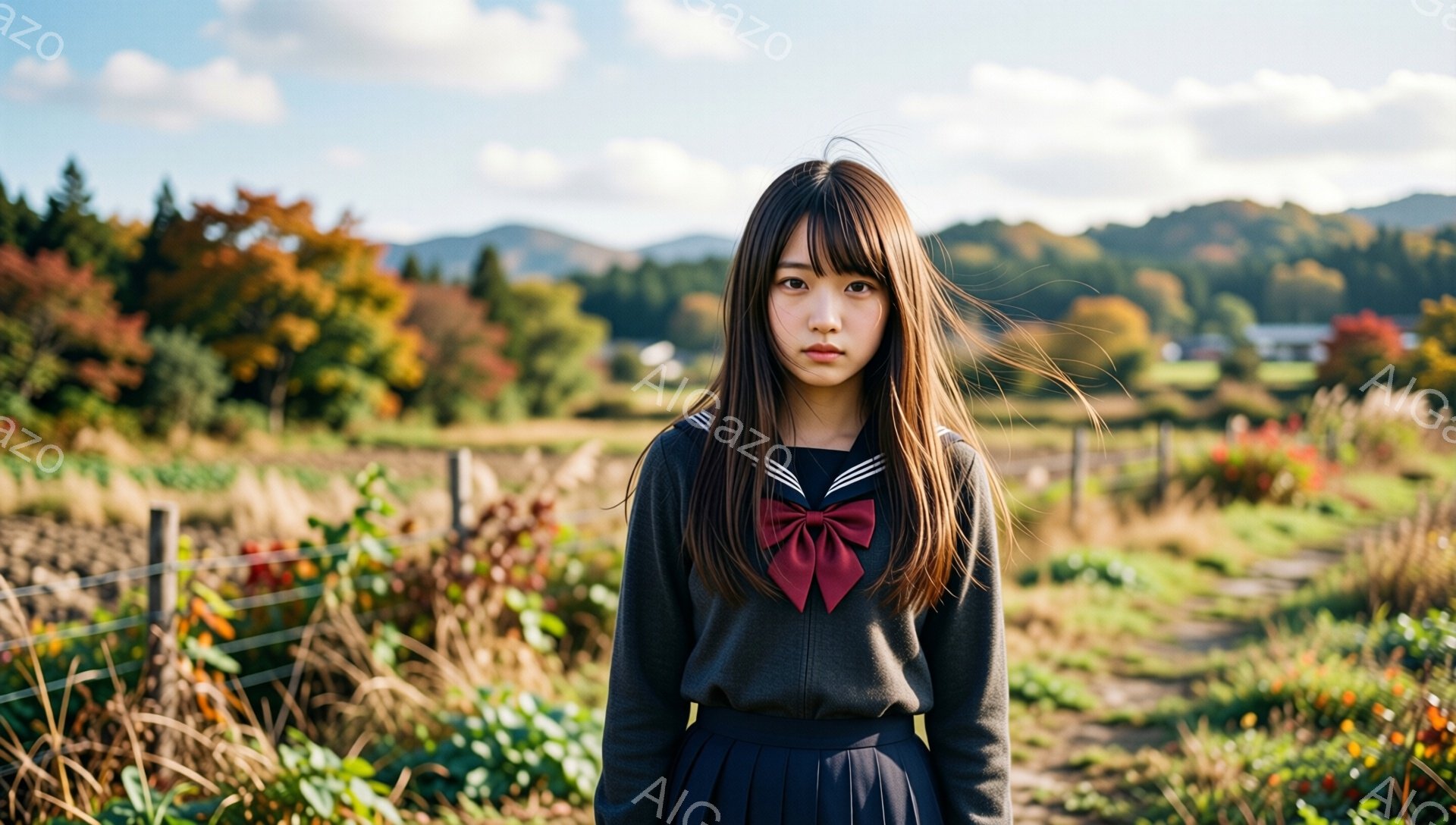 画像には、制服を着た若い女性が写っています。彼女は長い茶色の髪で、前髪は目の上まで伸びています。背景には、色とりどりの植物が茂る田園風景と、遠くに見える緑の山々が広がっています。