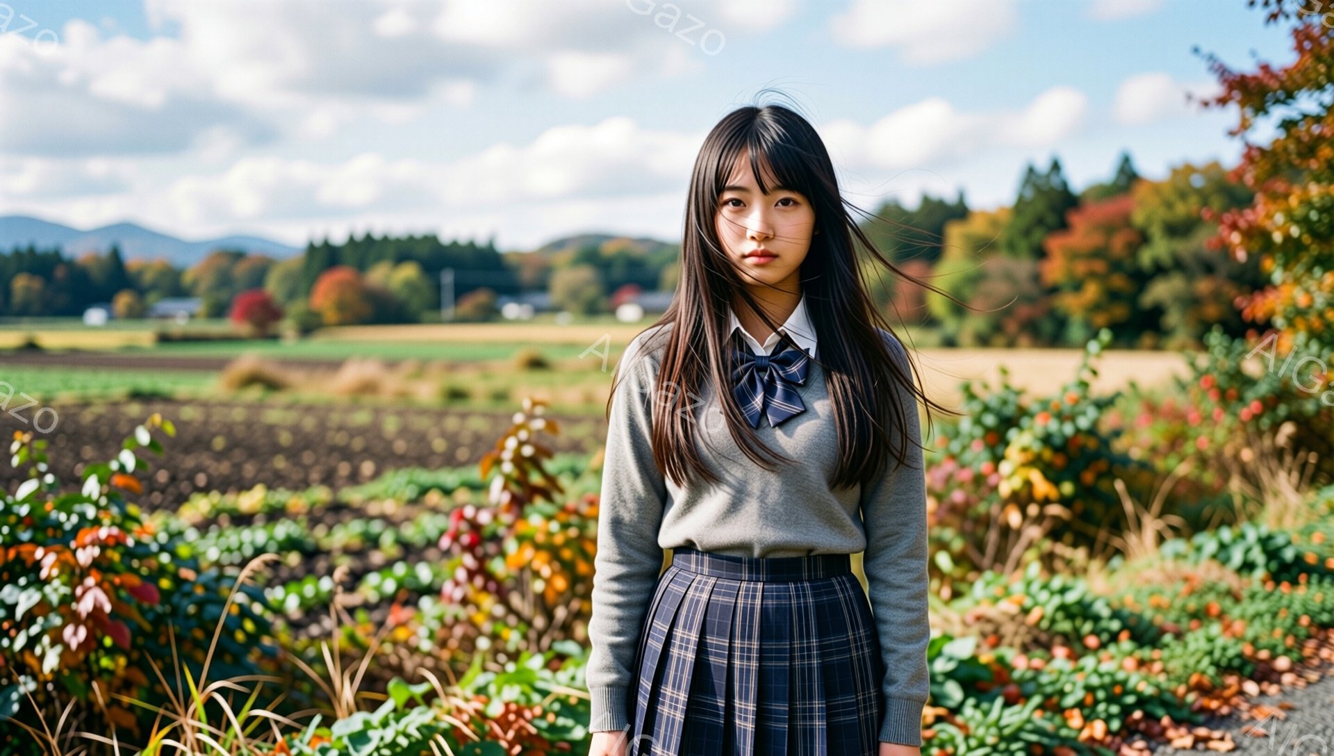 長い黒髪をセンターパートにした女性が、グレーのセーターとチェック柄のスカートという制服を着ています。彼女はわずかに眉間にしわを寄せ、少し憂いのある表情をしています。背景には、秋らしい色づいた草木や畑が広がり、遠くには山々が連なっています。
