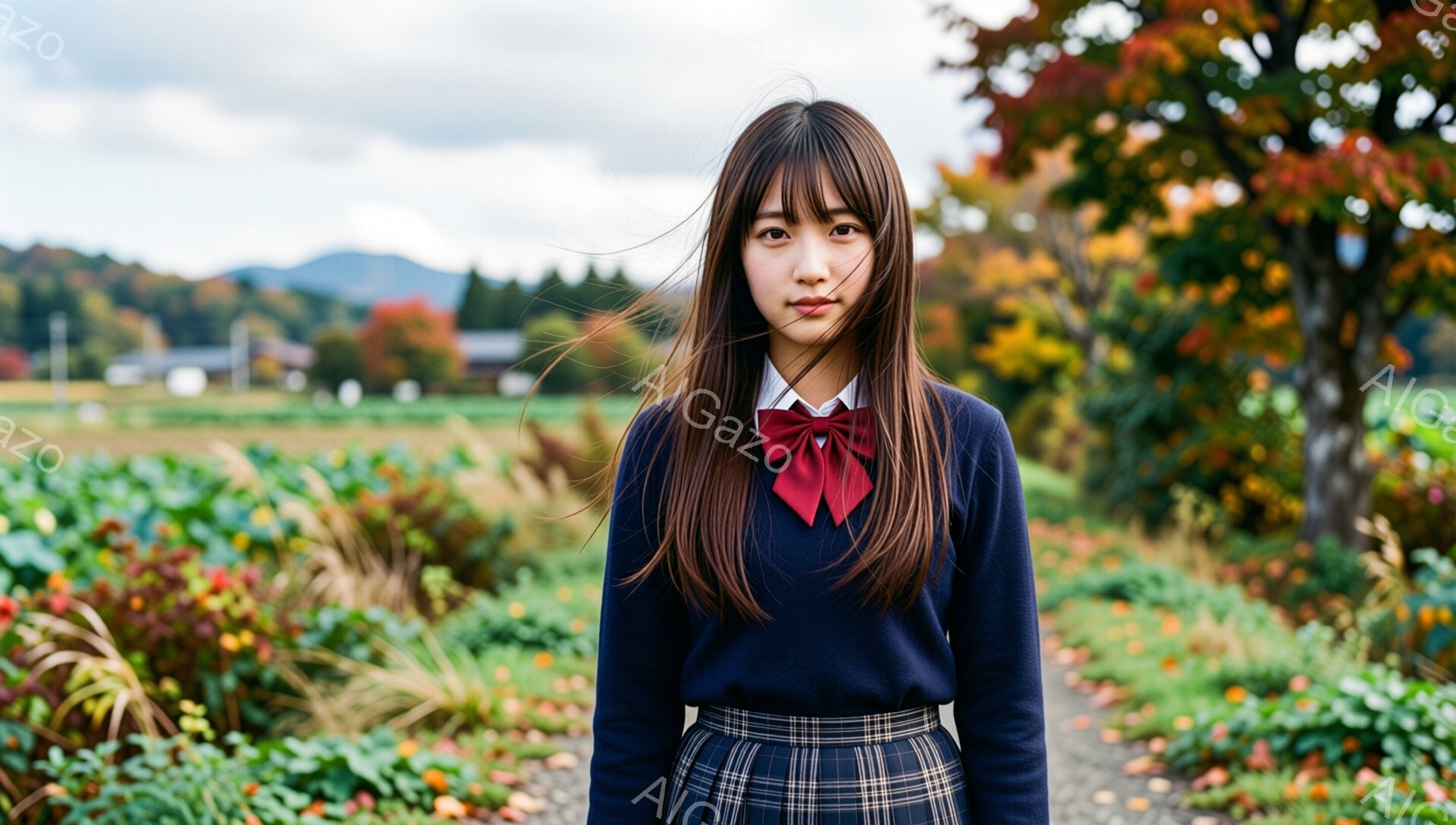 茶髪の長い髪をセンターパートにした女子学生が、紺色のセーターとチェック柄のスカート、赤いリボンを着用しています。彼女は正面を見据え、少し微笑んだような、穏やかな表情をしています。背景には、色とりどりの植物が茂る道と、遠くの山々が広がっており、秋の穏やかな雰囲気を醸し出しています。