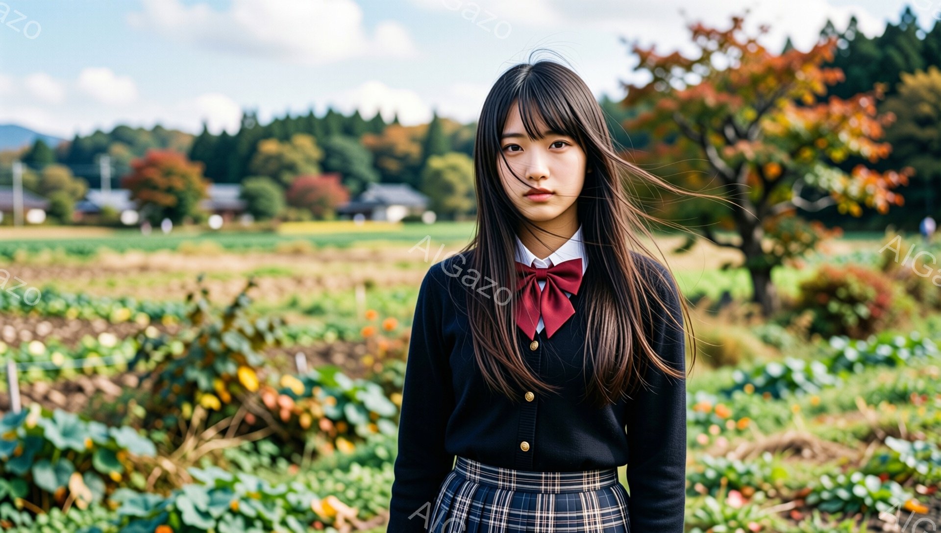 明るい日差しの下、若い女性が制服姿で立っている。彼女はロングヘアで、前髪が少し流れており、赤いリボンがアクセントになっている。背景には緑豊かな畑と、遠くに見える建物や山々が広がり、穏やかで秋らしい雰囲気を醸し出している。