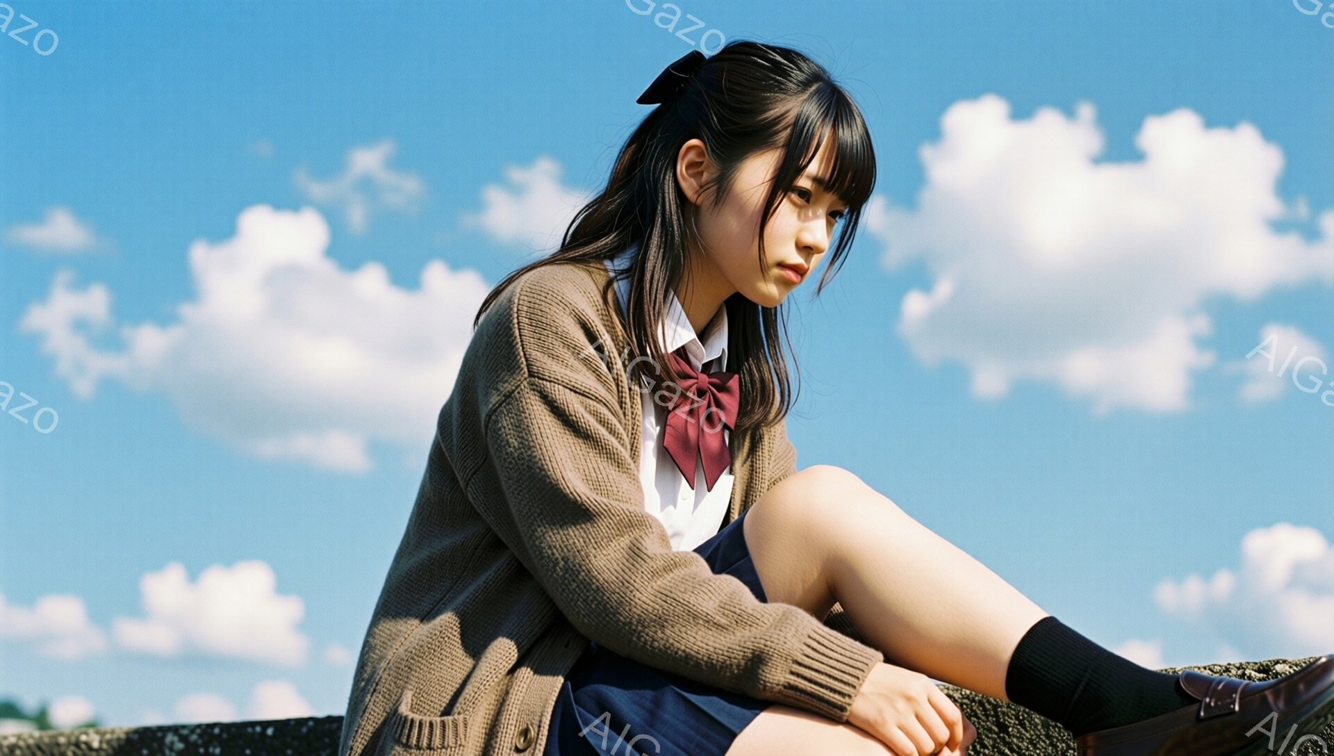 短い髪にリボンをつけており、ベージュのカーディガン、白いシャツ、チェック柄のリボン、紺色のスカート、黒い靴下と革靴を履いている女性が写っている。彼女は石垣の上に座って、少し憂いを帯びた表情で遠くを見つめている。背景は青空と白い雲で、穏やかで少し寂しげな雰囲気を醸し出している。