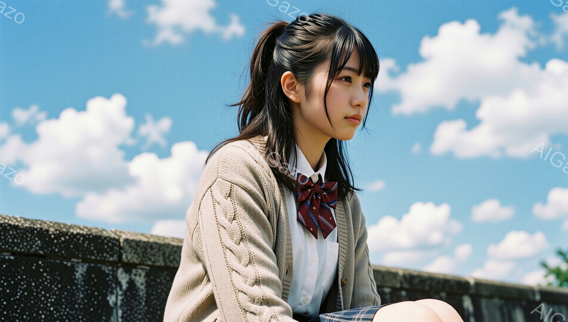 若い女性が、セーラー服のような制服に、ベージュのカーディガンを羽織って、少し物憂げな表情で横を向いています。彼女は黒髪で、前髪は眉毛にかかるように切り揃えられ、後ろでポニーテールにまとめています。背景には青空と白い雲が広がり、レンガ造りの壁が一部見えています。