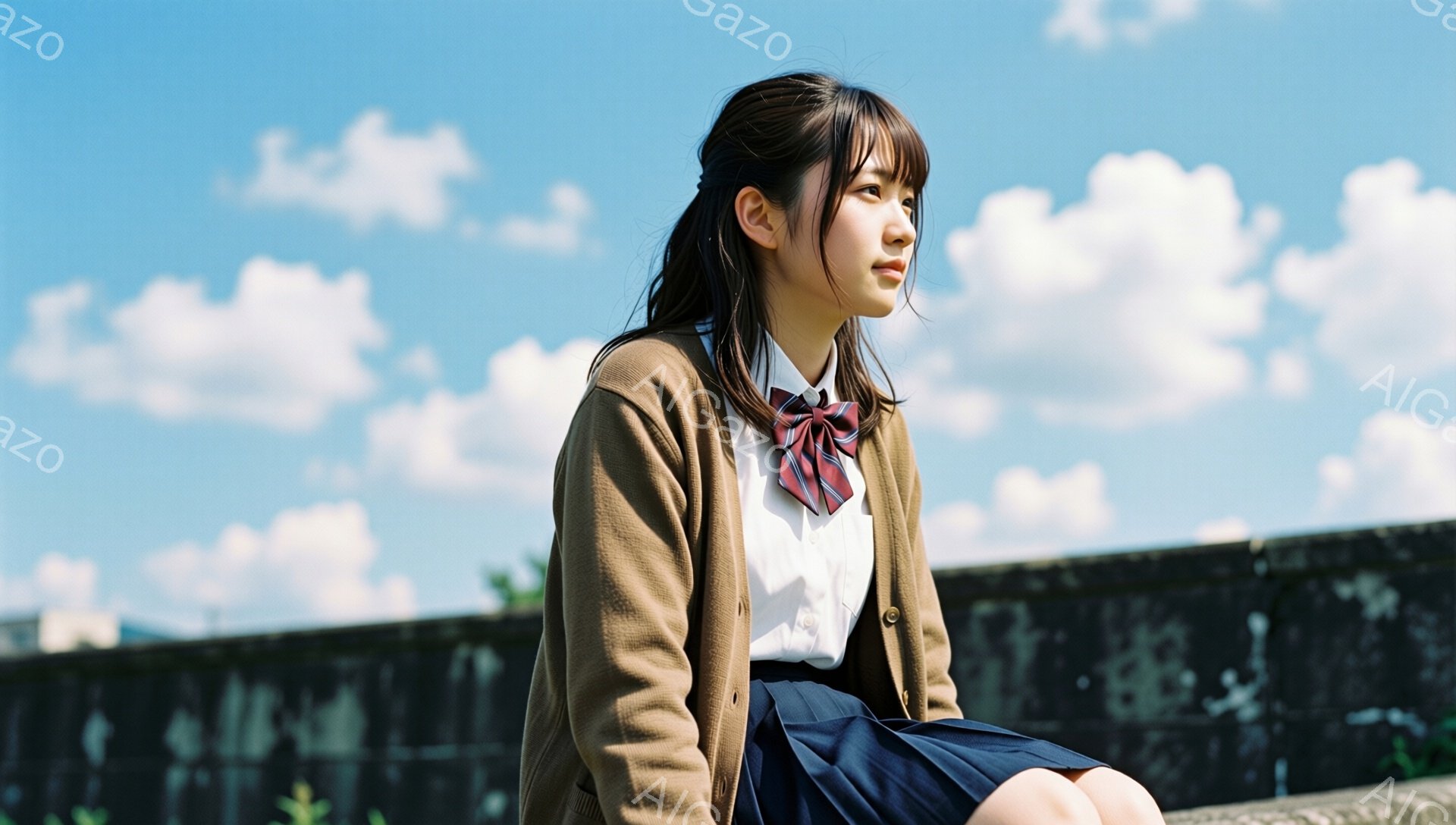 茶髪の長い髪を肩で分けている少女が、セーラー服にカーディガンを羽織って、コンクリートの壁に腰掛けている。彼女は少し物憂げな表情で遠くを見つめており、白いシャツに赤いチェックのネクタイがアクセントになっている。背景には青空と白い雲が広がり、穏やかで少し寂しげな雰囲気を醸し出している。